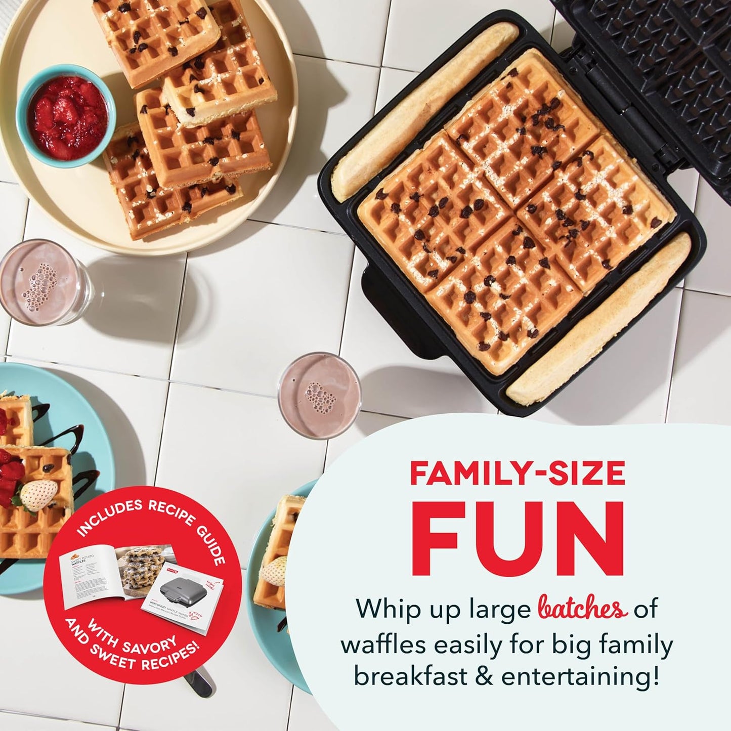 Dash Deluxe No-Drip Waffle Iron Maker Machine 1200W + Hash Browns, or Any Breakfast, Lunch, & Snacks with Easy Clean, Non-Stick + Mess Free Sides, Red