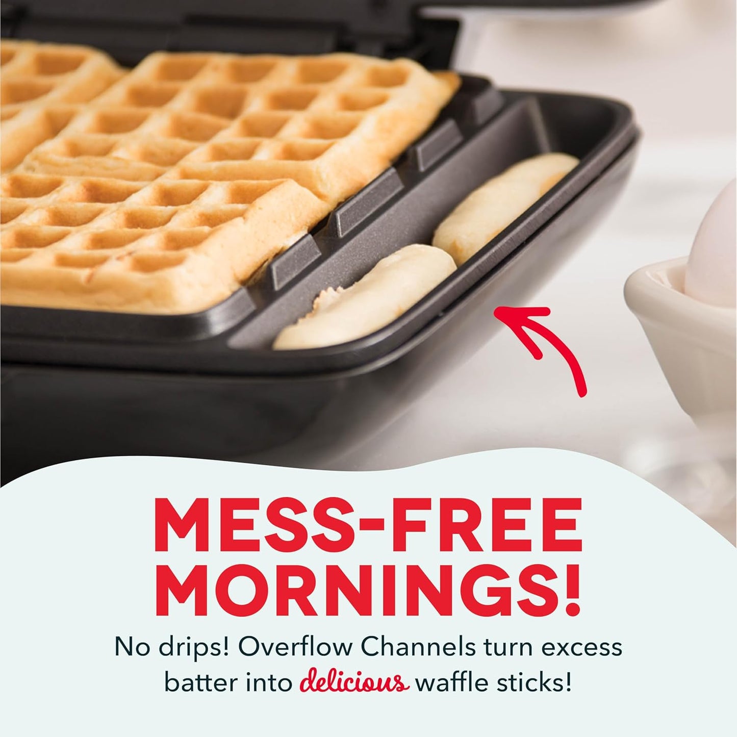 Dash Deluxe No-Drip Waffle Iron Maker Machine 1200W + Hash Browns, or Any Breakfast, Lunch, & Snacks with Easy Clean, Non-Stick + Mess Free Sides, Red