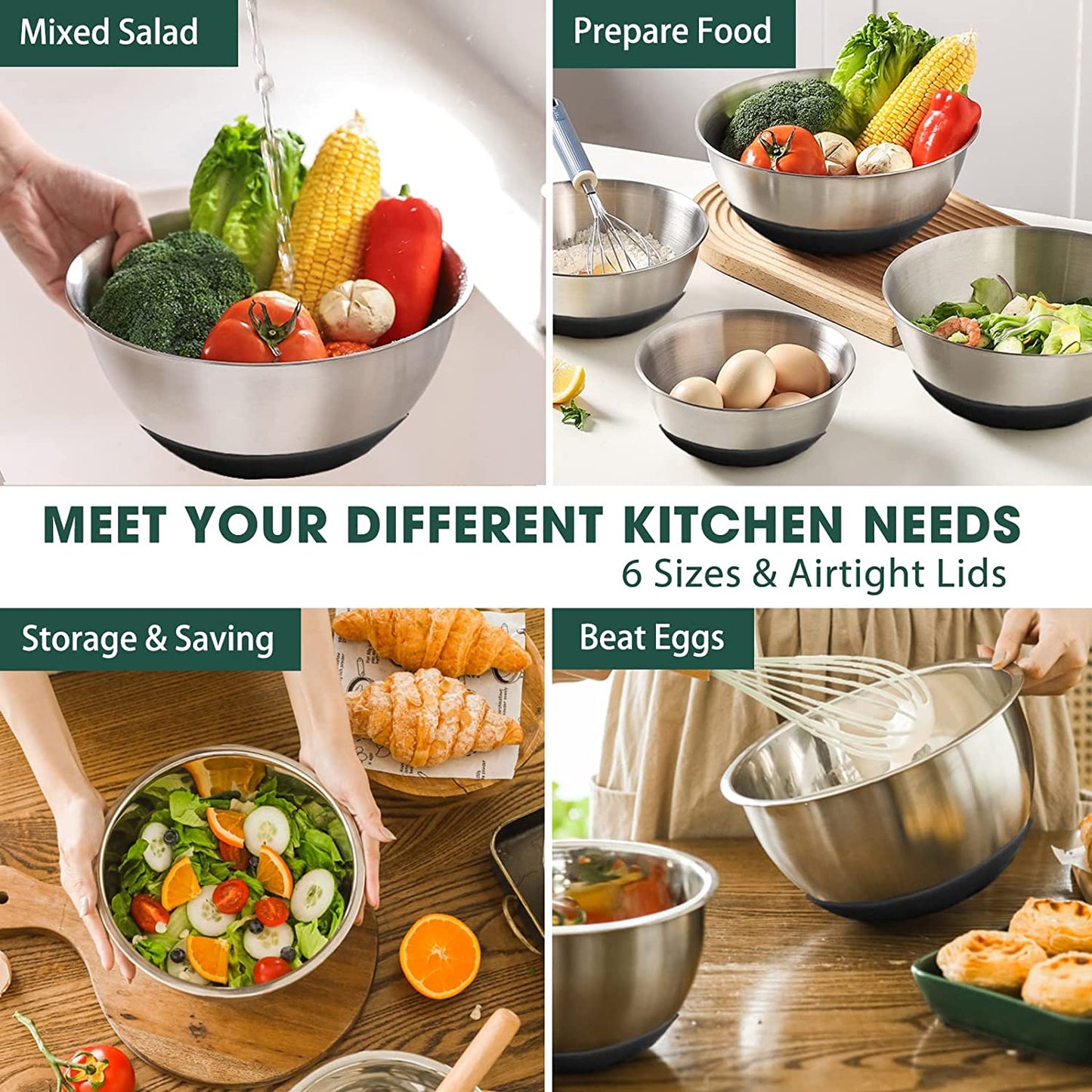 Umite Chef Mixing Bowls with Airtight Lids,6 Piece Stainless Steel Metal Nesting Storage Bowls, Non-Slip Bottoms Size 7, 3.5, 2.5, 2.0,1.5, 1QT, Great for Mixing & Serving(Black)