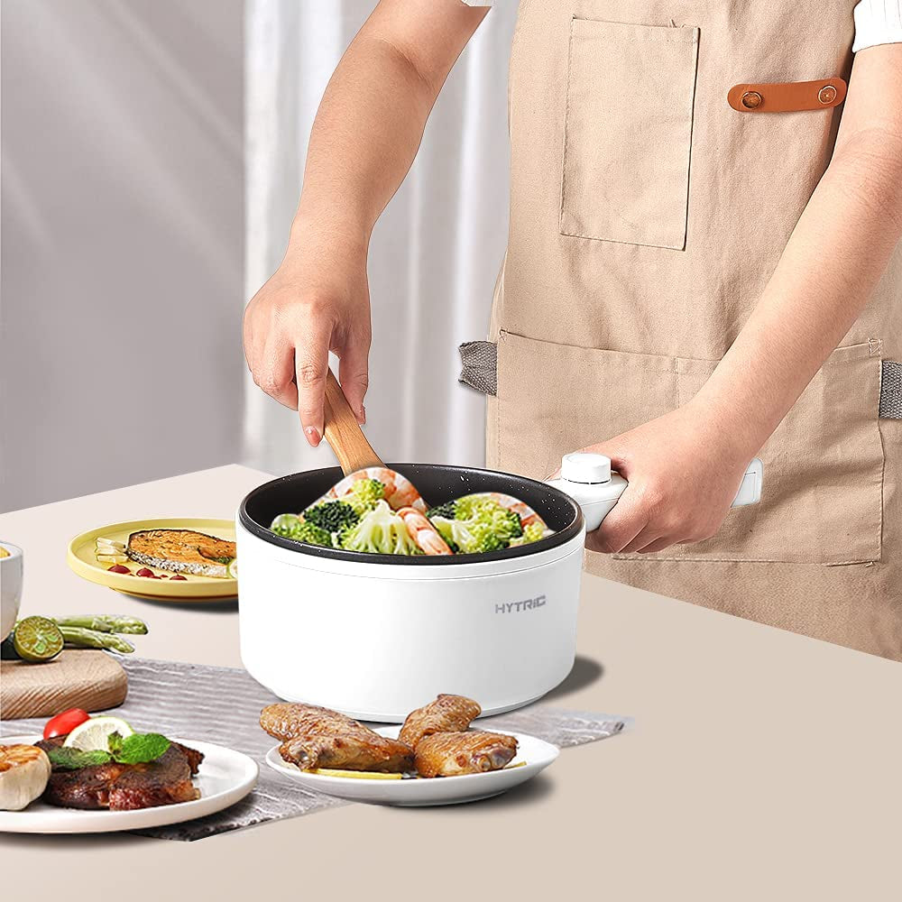 Hytric Electric Hot Pot, 1.5L Portable Nonstick Frying Pan for Sauté, Multifunction Electric Skillet for Stir Fry, Roast, Ramen Cooker with Dual Power Control for Dorm, Electric Saucepan, White