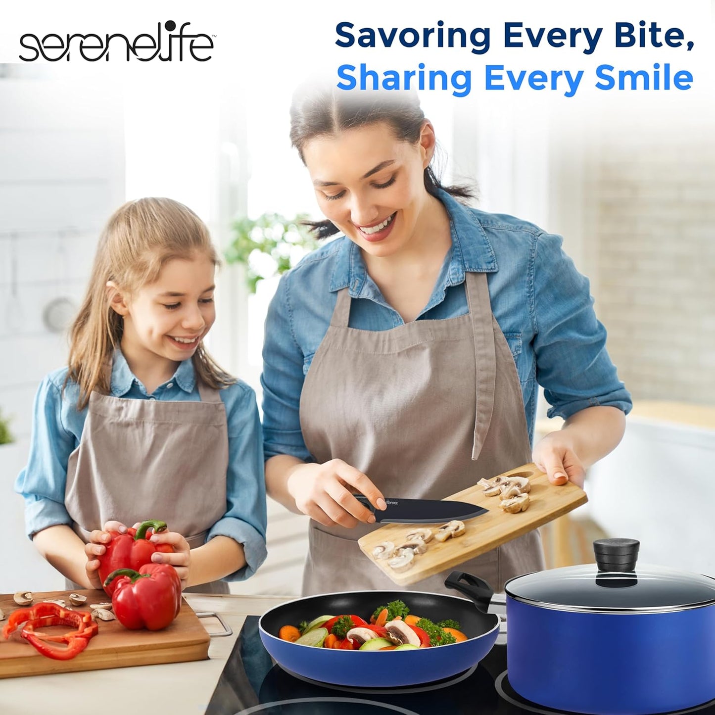 Serenelife 20-Piece Blue Cookware and Knives Set - Includes Multi-Sized Nonstick Pots and Pans with Lids and Utensils, Heat Resistant, Dishwasher Safe