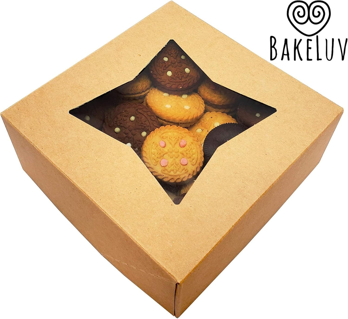BAKELUV 25 Pcs Brown Bakery Boxes with Window 6X6X2.5 Inches Cookie Boxes, Pastry, Treats, Dessert, Small Cake, Brownie, Cupcakes, Chocolate Covered Strawberries | Auto-Popup |