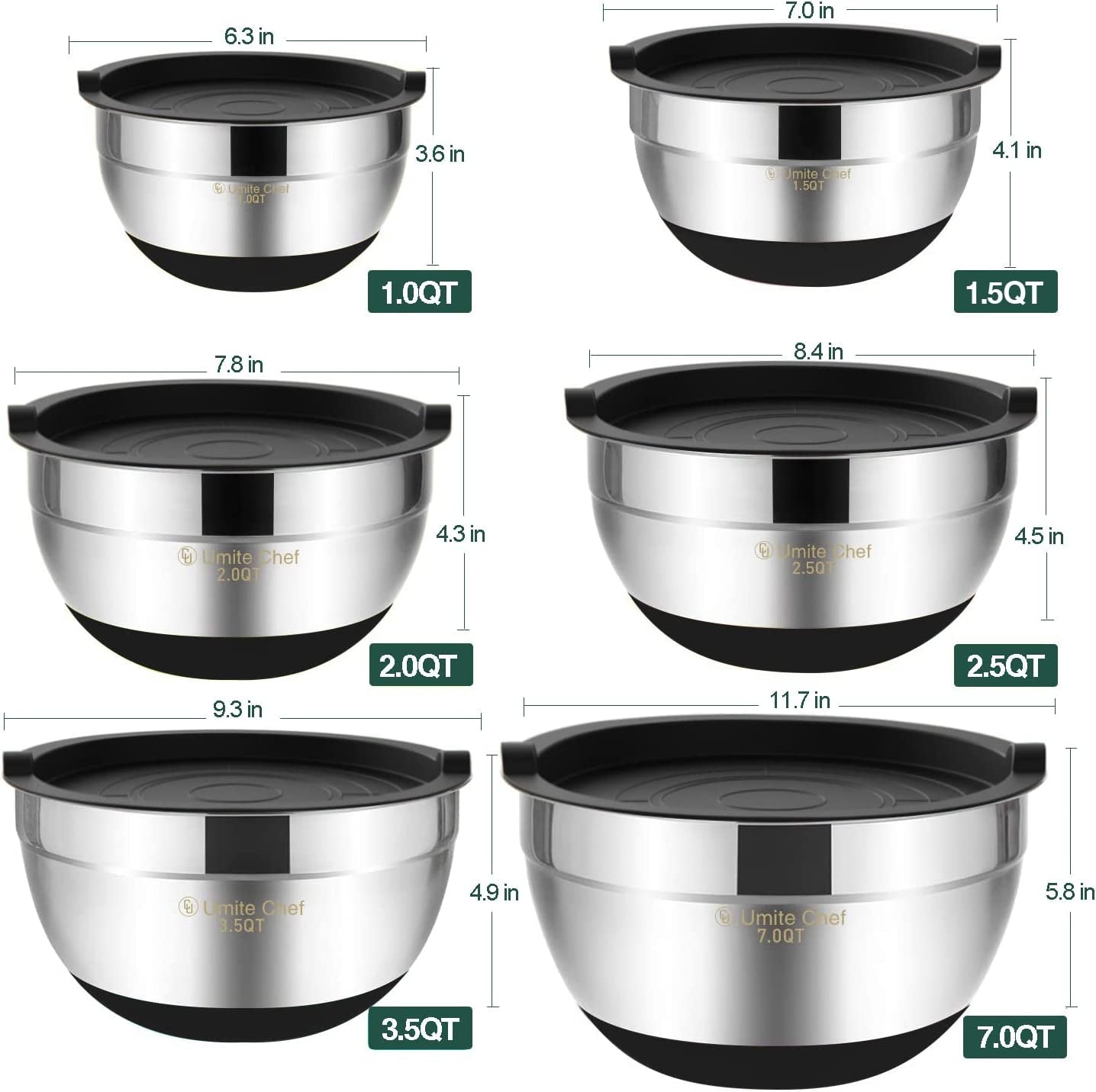 Umite Chef Mixing Bowls with Airtight Lids,6 Piece Stainless Steel Metal Nesting Storage Bowls, Non-Slip Bottoms Size 7, 3.5, 2.5, 2.0,1.5, 1QT, Great for Mixing & Serving(Black)
