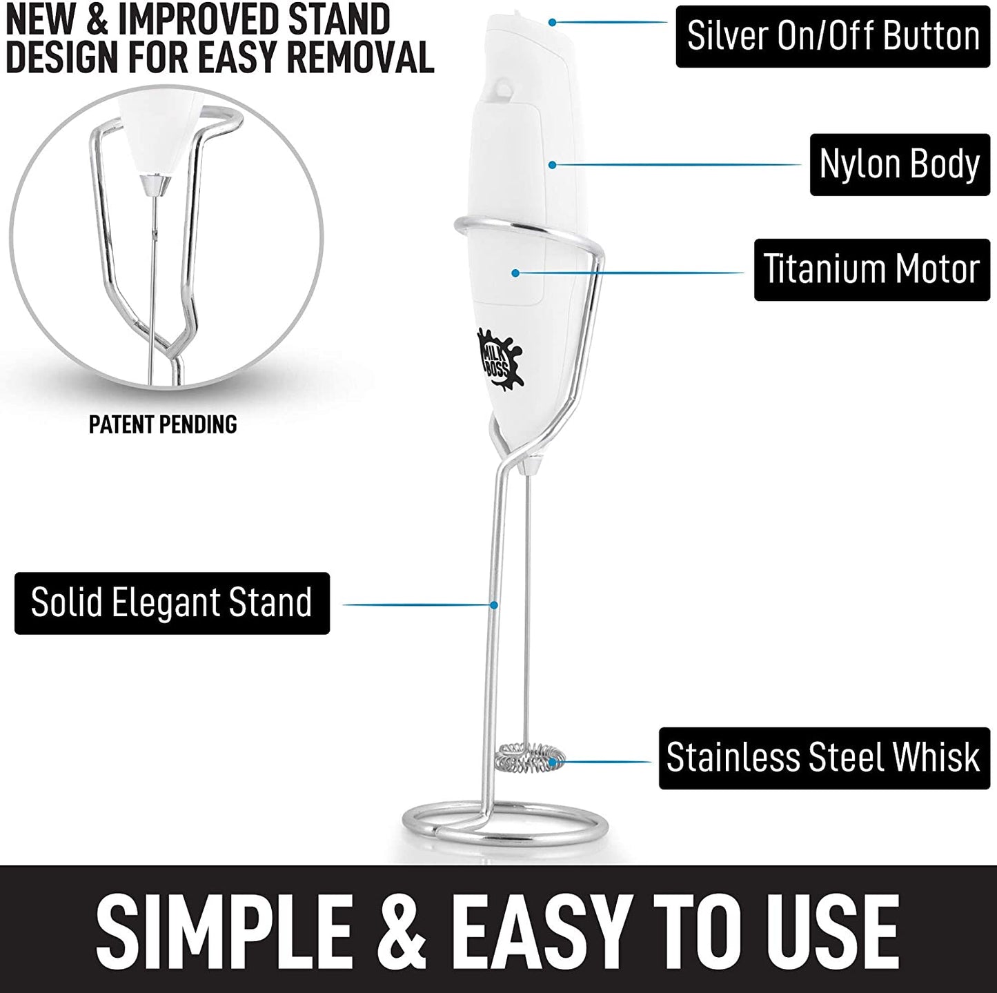 Milk Boss Matcha Whisk - Handheld Electric Stirrer - Frother Wand & Drink Mixer - Durable Stainless Steel - White Ultra Stand