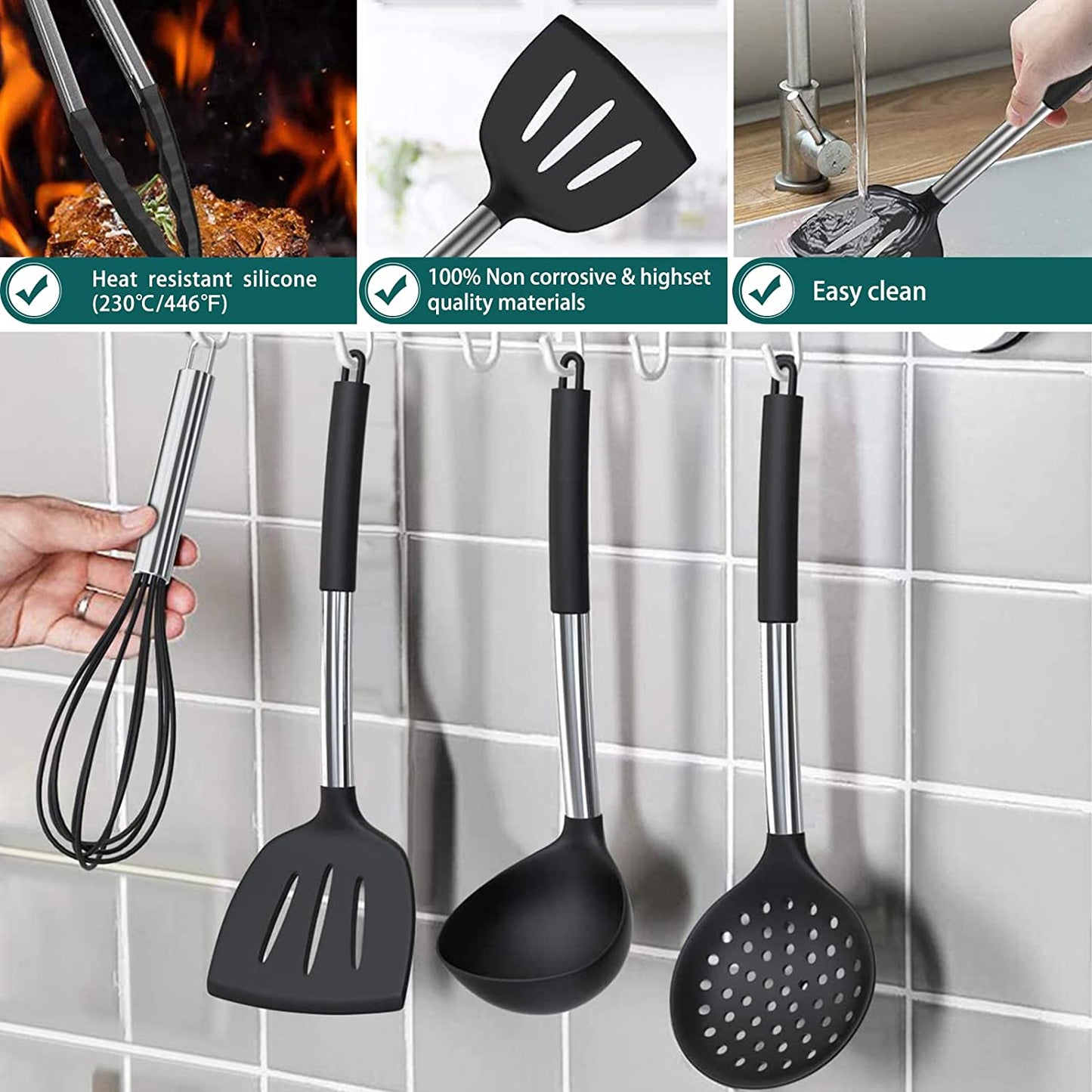 Silicone Cooking Utensil Set, Umite Chef 15Pcs Silicone Cooking Kitchen Utensils Set, Non-Stick - Best Kitchen Cookware with Stainless Steel Handle - Black