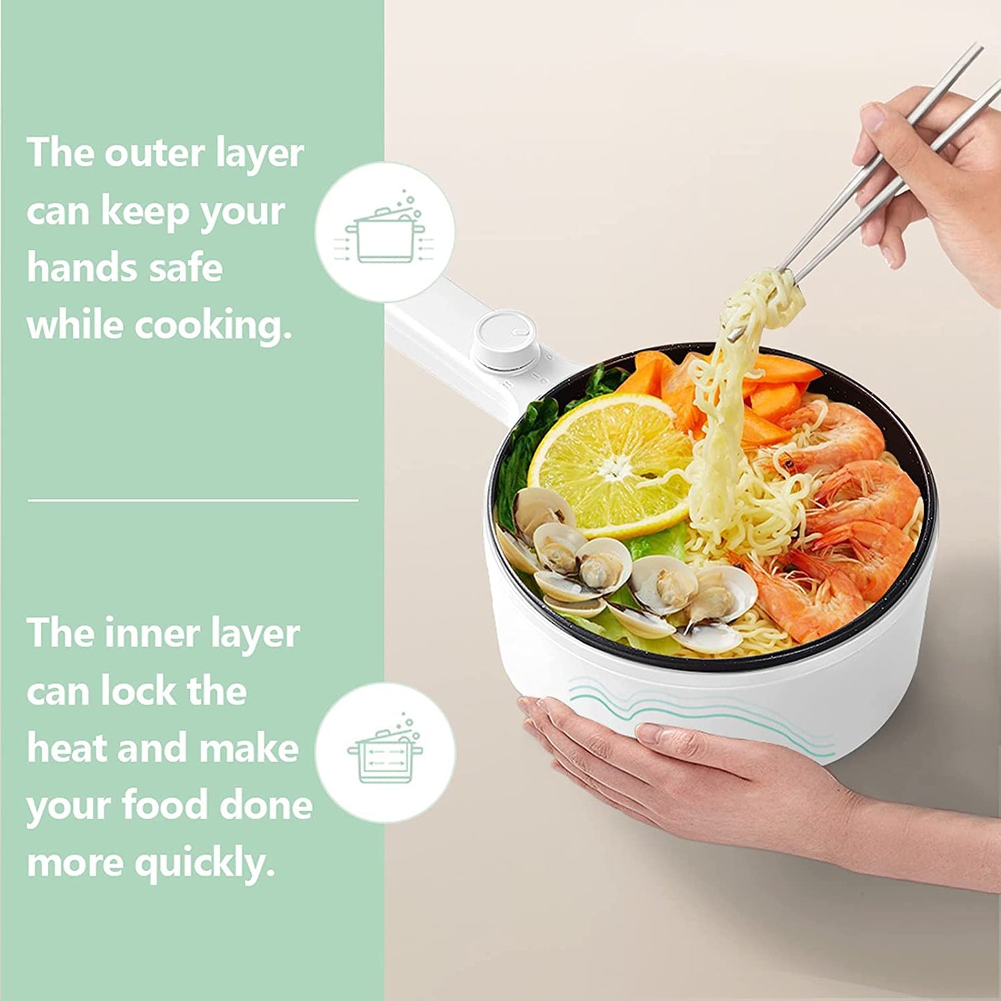 Hytric Electric Hot Pot, 1.5L Portable Nonstick Frying Pan for Sauté, Multifunction Electric Skillet for Stir Fry, Roast, Ramen Cooker with Dual Power Control for Dorm, Electric Saucepan, White