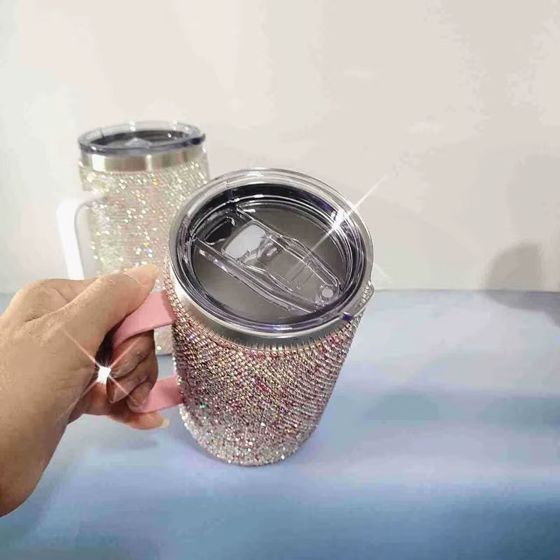 720Ml Stainless Steel Rhinestone Coffee Travel Cup with Handle Lid Diamond Vacuum Insulated Mug Bling Water Bottle Women Gifts