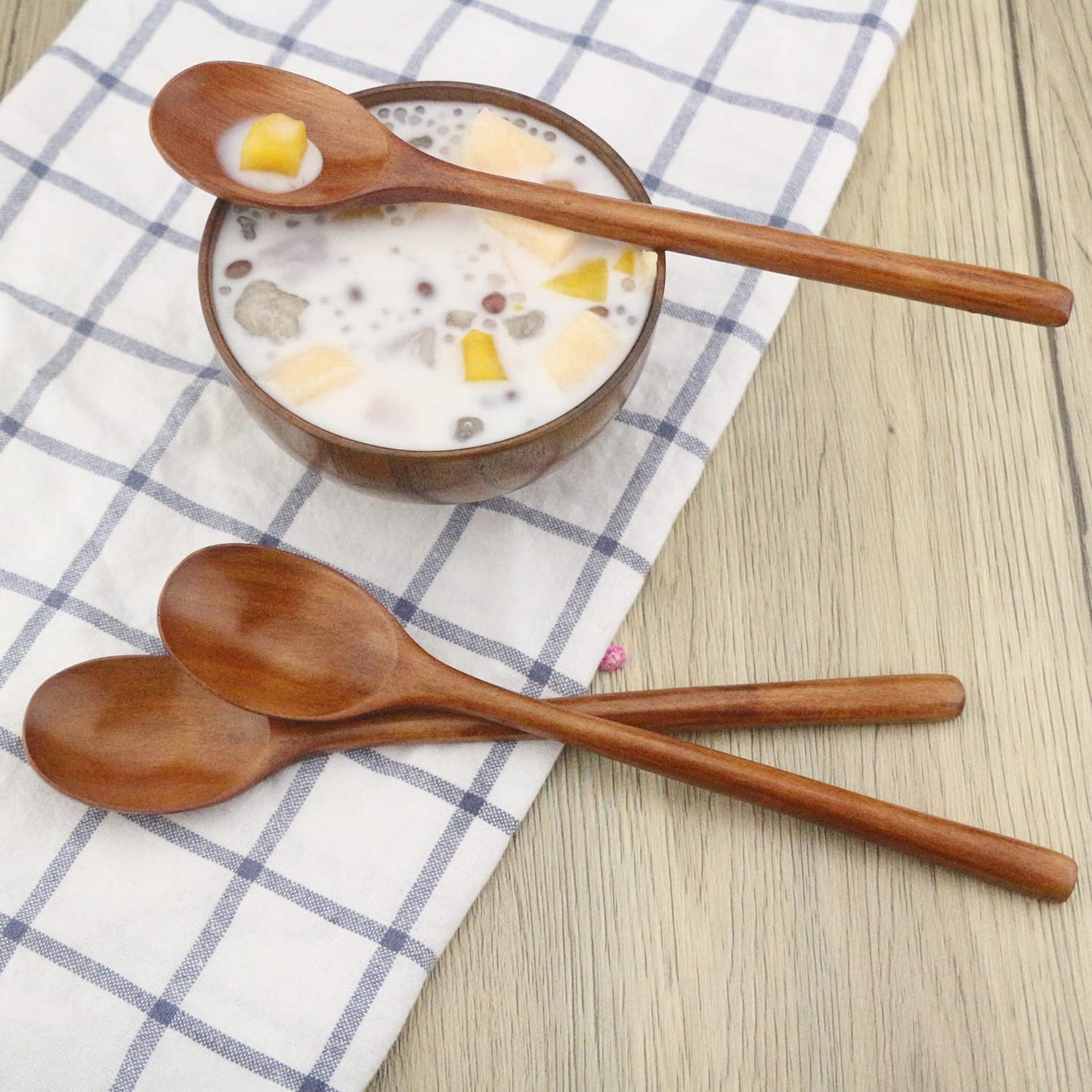 Wooden Spoons, 6 Pieces 9 Inch Wood Soup Spoons for Eating Mixing Stirring, Long Handle Spoon with Japanese Style Kitchen Utensil, Eco Friendly Table Spoon