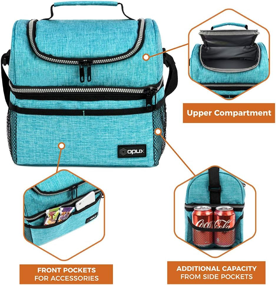 OPUX Lunch Box for Men Women, Insulated Large Lunch Bag Adult Work, Double Decker Lunchbox Meal Prep Dual Compartment Leakproof Lunch Cooler,Soft Lunch Tote Boys Girls Kids School, Aqua Turquoise 12L