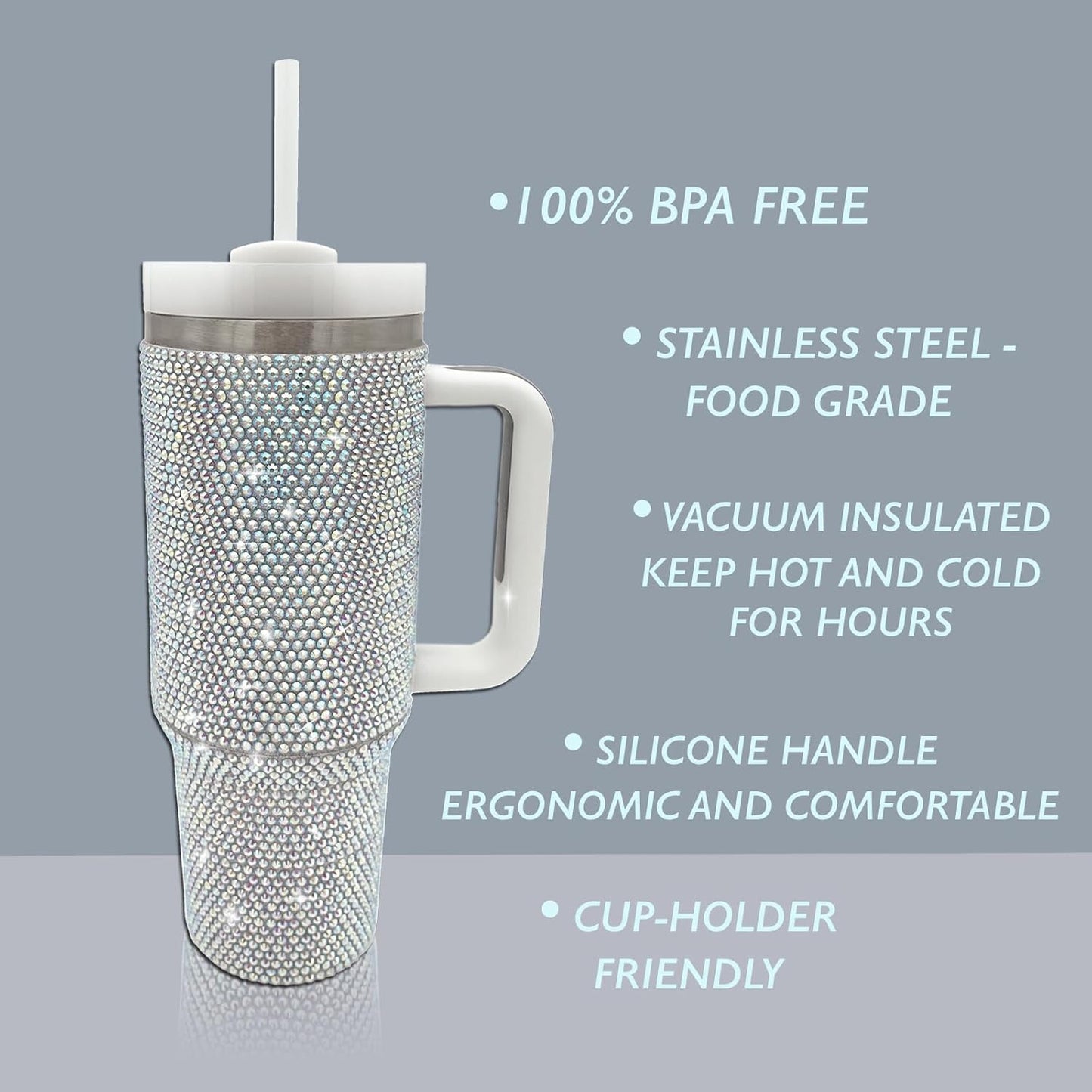 40Oz Bling Tumbler with Handle and Straw Lid Rhinestone Studded Tumbler Cups Vac