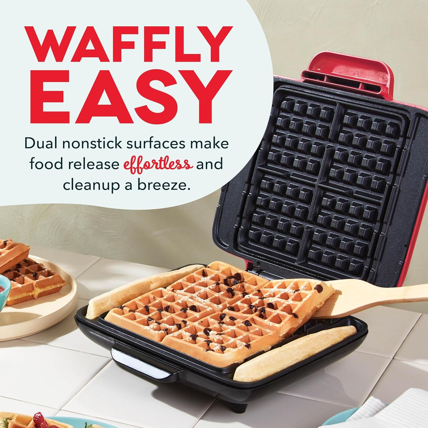 Dash Deluxe No-Drip Waffle Iron Maker Machine 1200W + Hash Browns, or Any Breakfast, Lunch, & Snacks with Easy Clean, Non-Stick + Mess Free Sides, Red