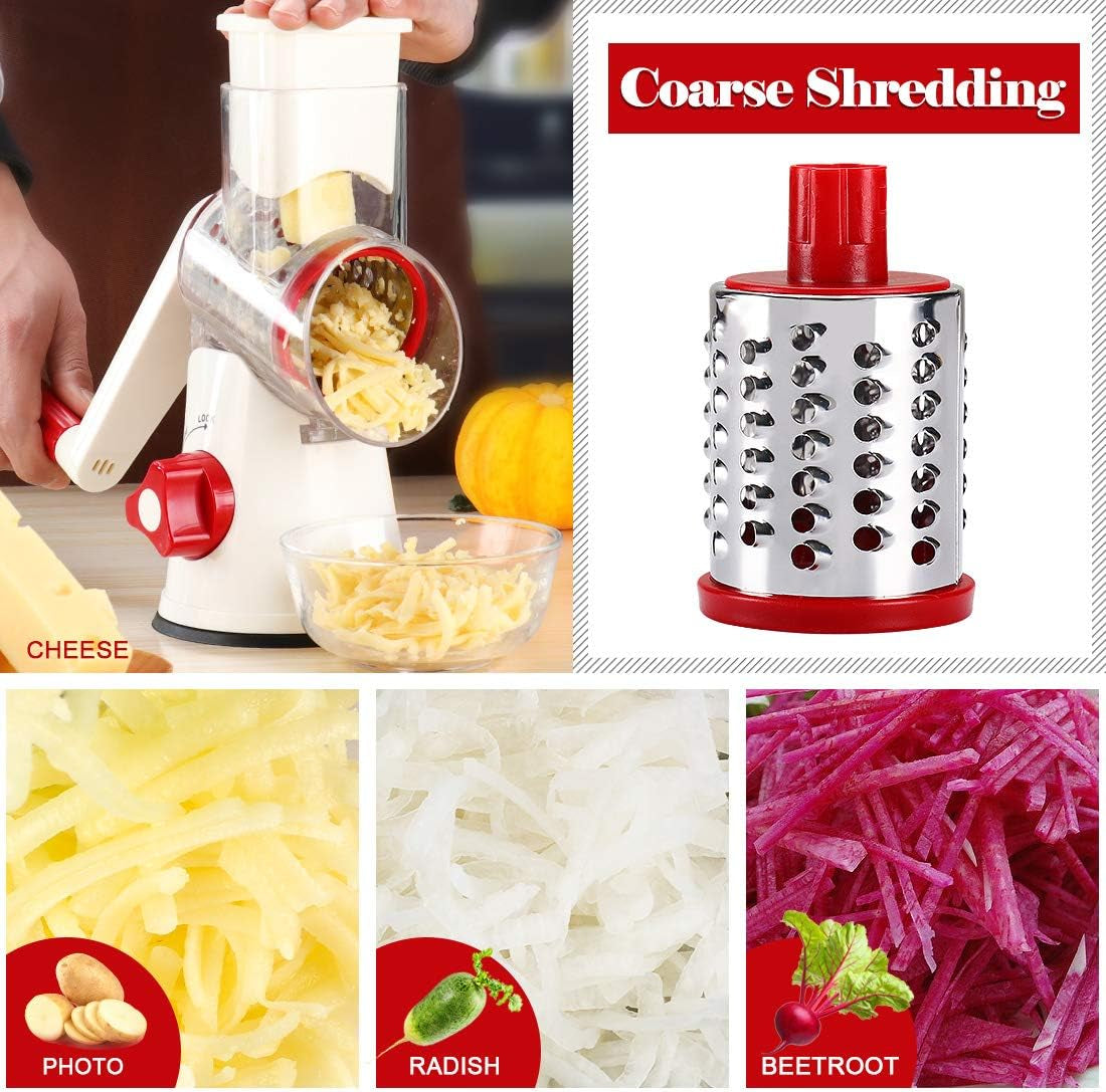 Ourokhome Rotary Cheese Grater Hand Crank, Kitchen Shredder Speed Mandolin Slicer Nuts Grinder with Handle and Drum Blades for Cheese, Vegetable, Chocolate, Potato, Carrot, 3 Blades, White Red