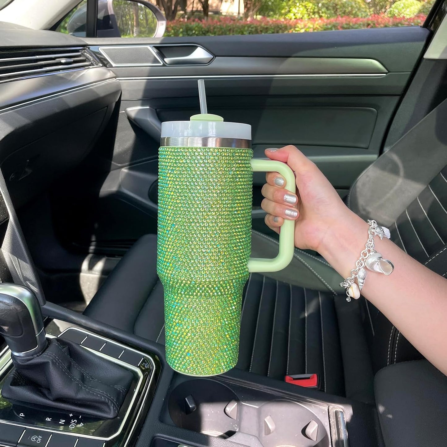 40Oz Bling Tumbler with Handle and Straw Lid Rhinestone Studded Tumbler Cups Vac