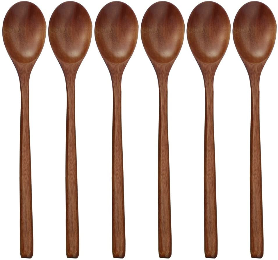 Wooden Spoons, 6 Pieces 9 Inch Wood Soup Spoons for Eating Mixing Stirring, Long Handle Spoon with Japanese Style Kitchen Utensil, Eco Friendly Table Spoon