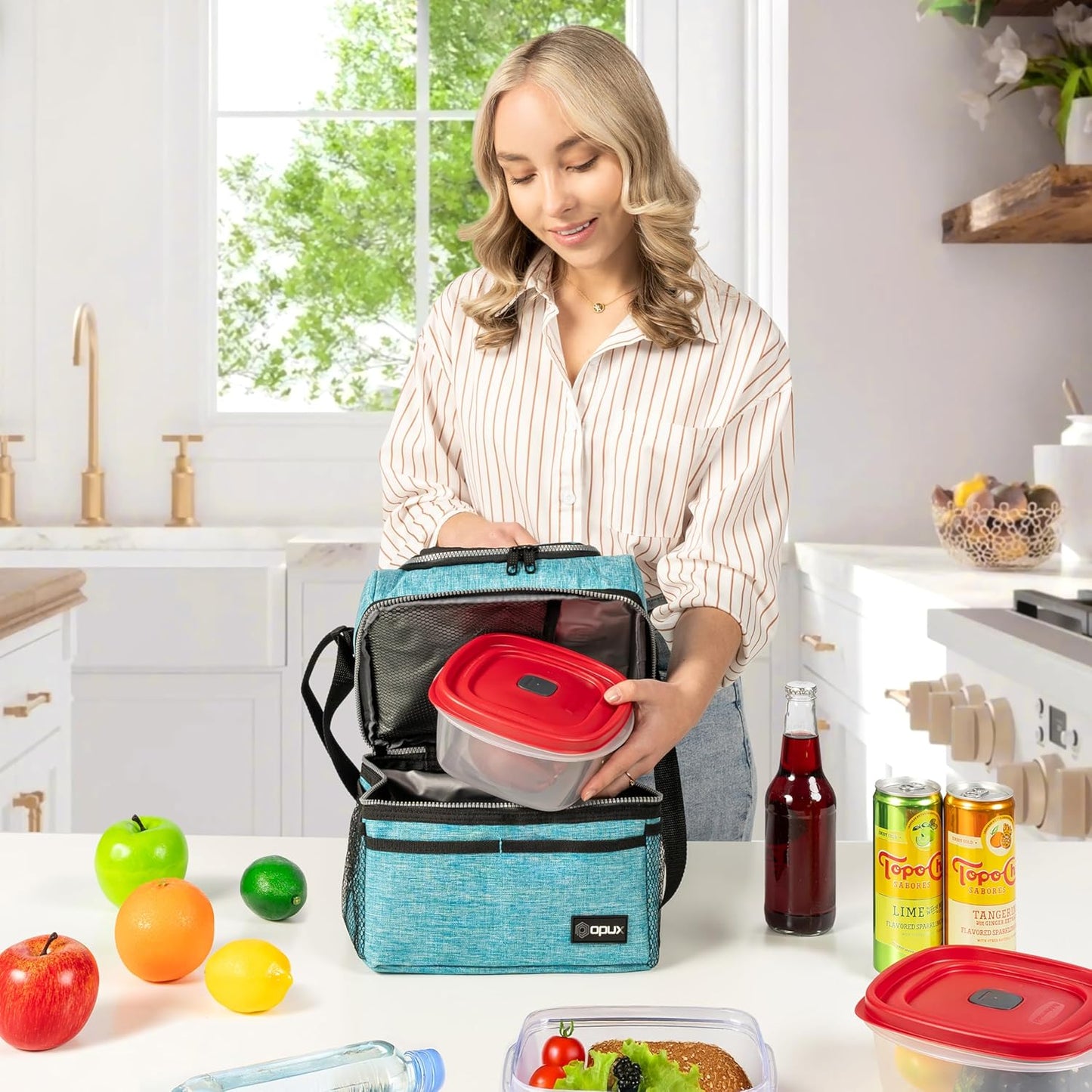OPUX Lunch Box for Men Women, Insulated Large Lunch Bag Adult Work, Double Decker Lunchbox Meal Prep Dual Compartment Leakproof Lunch Cooler,Soft Lunch Tote Boys Girls Kids School, Aqua Turquoise 12L