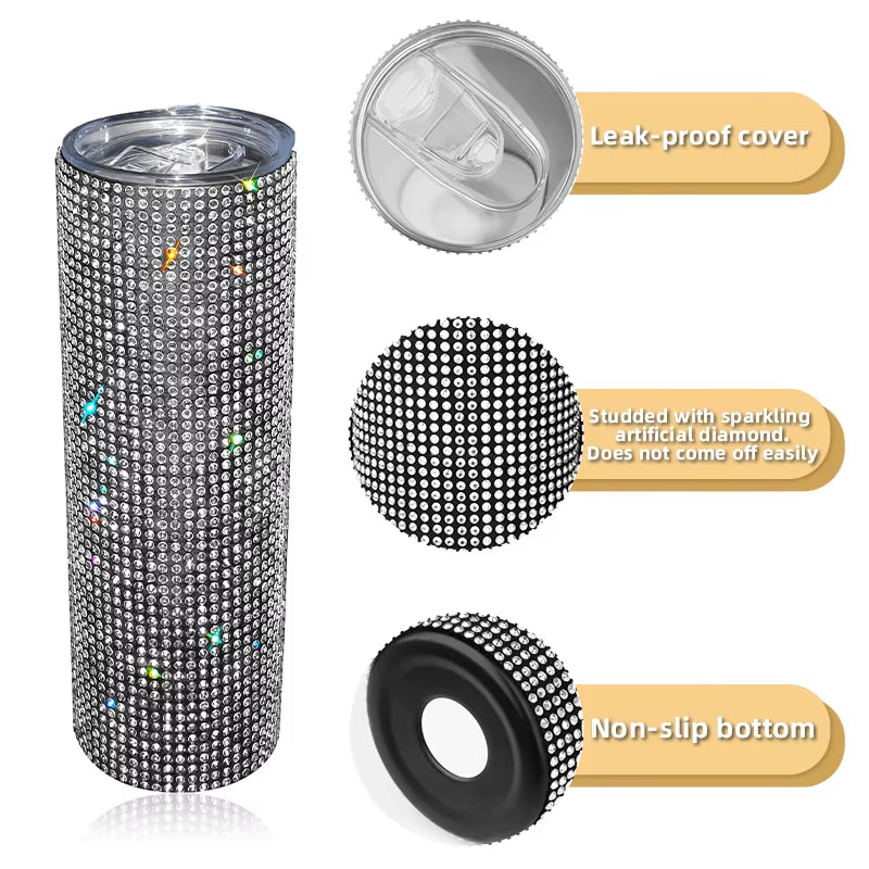 Bling Rhinestones 20OZ Stainless Steel Tumbler Cup with Lid Straw Sparkling Diamond Water Bottle Car Coffee Cup Mug