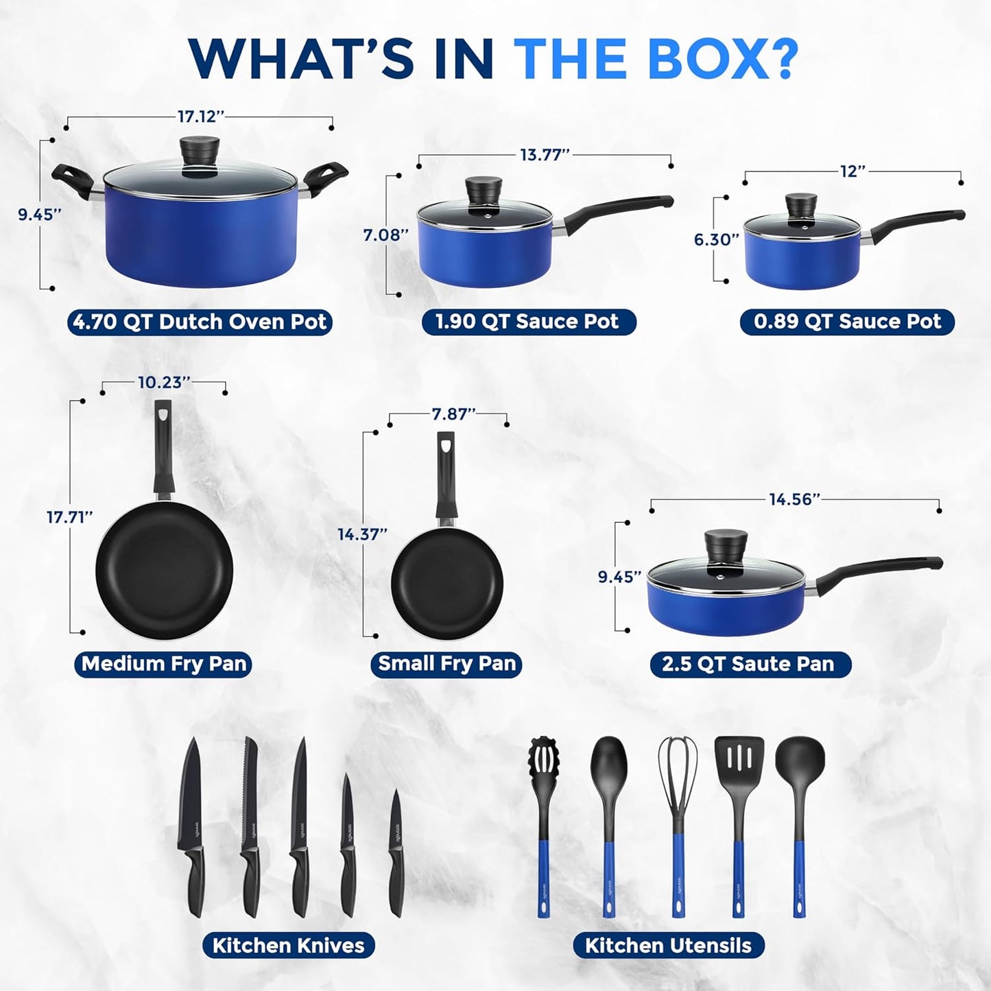 Serenelife 20-Piece Blue Cookware and Knives Set - Includes Multi-Sized Nonstick Pots and Pans with Lids and Utensils, Heat Resistant, Dishwasher Safe