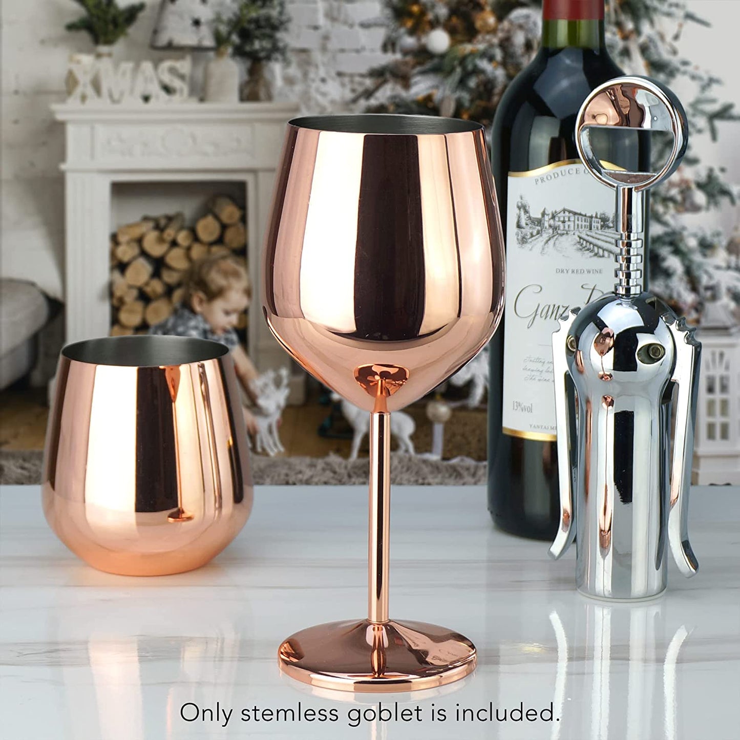PG Copper/Rose Gold Stem Stainless Steel Wine Glass Set 4-18.5 Oz