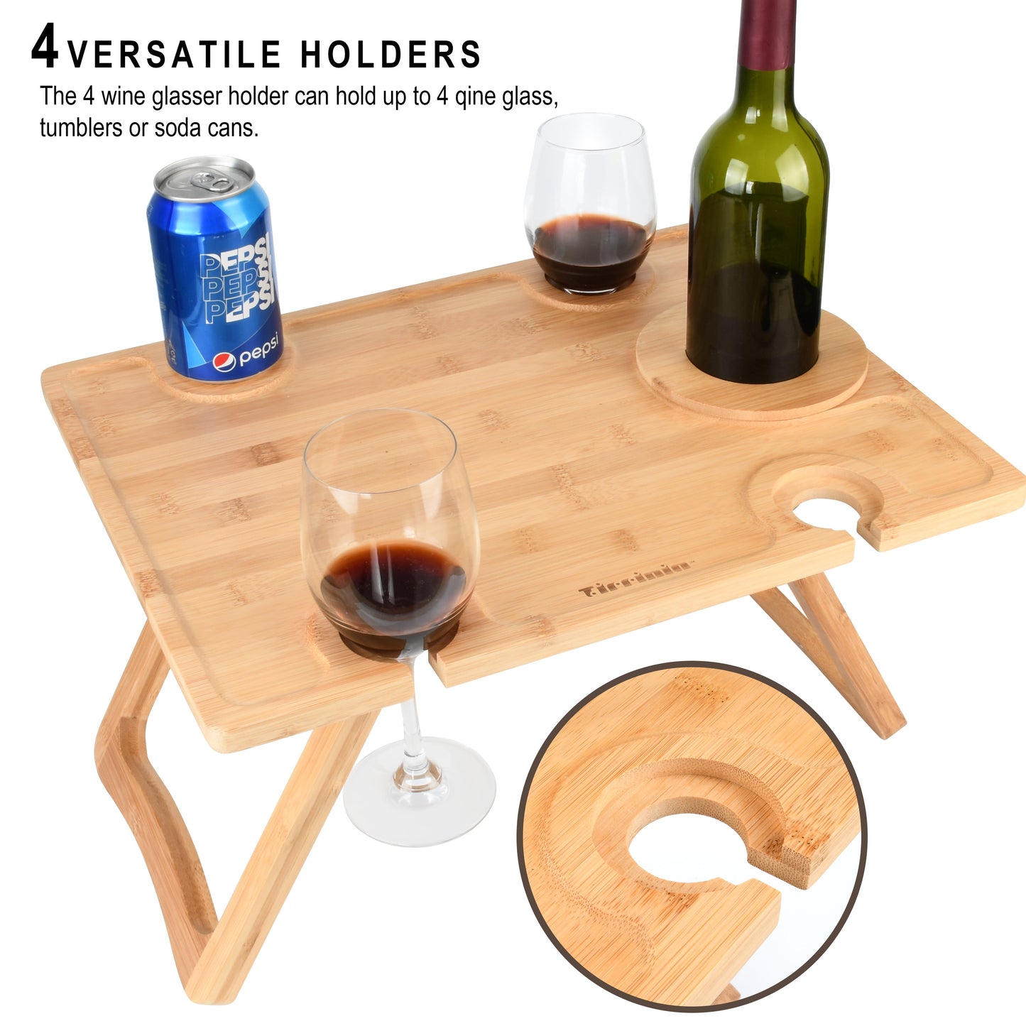 Outdoor Wine Picnic Folding Portable Bamboo Table 17" X 12.6", Camping with Glasses & Bottle Holder for Concerts at Park Beach