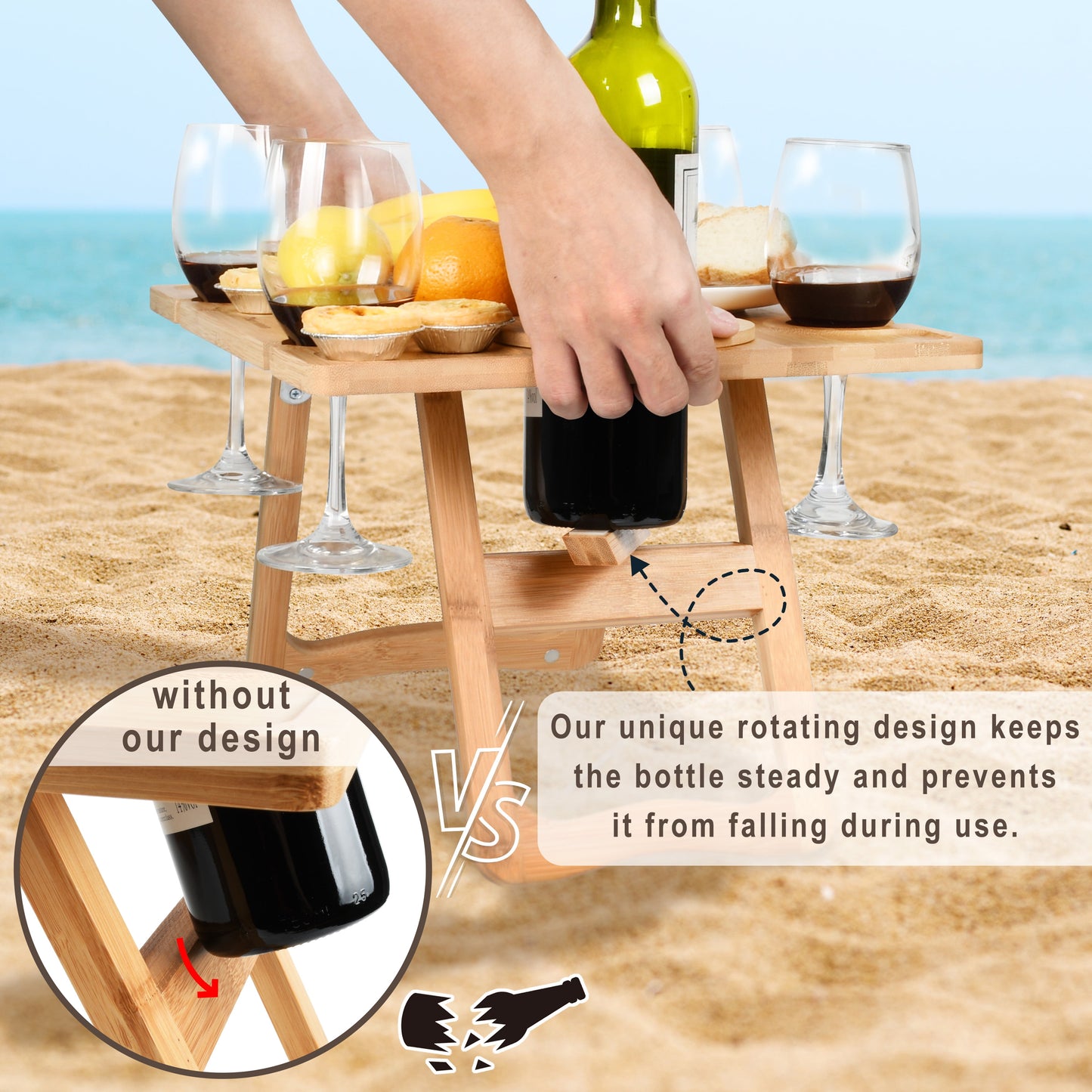 Outdoor Wine Picnic Folding Portable Bamboo Table 17" X 12.6", Camping with Glasses & Bottle Holder for Concerts at Park Beach