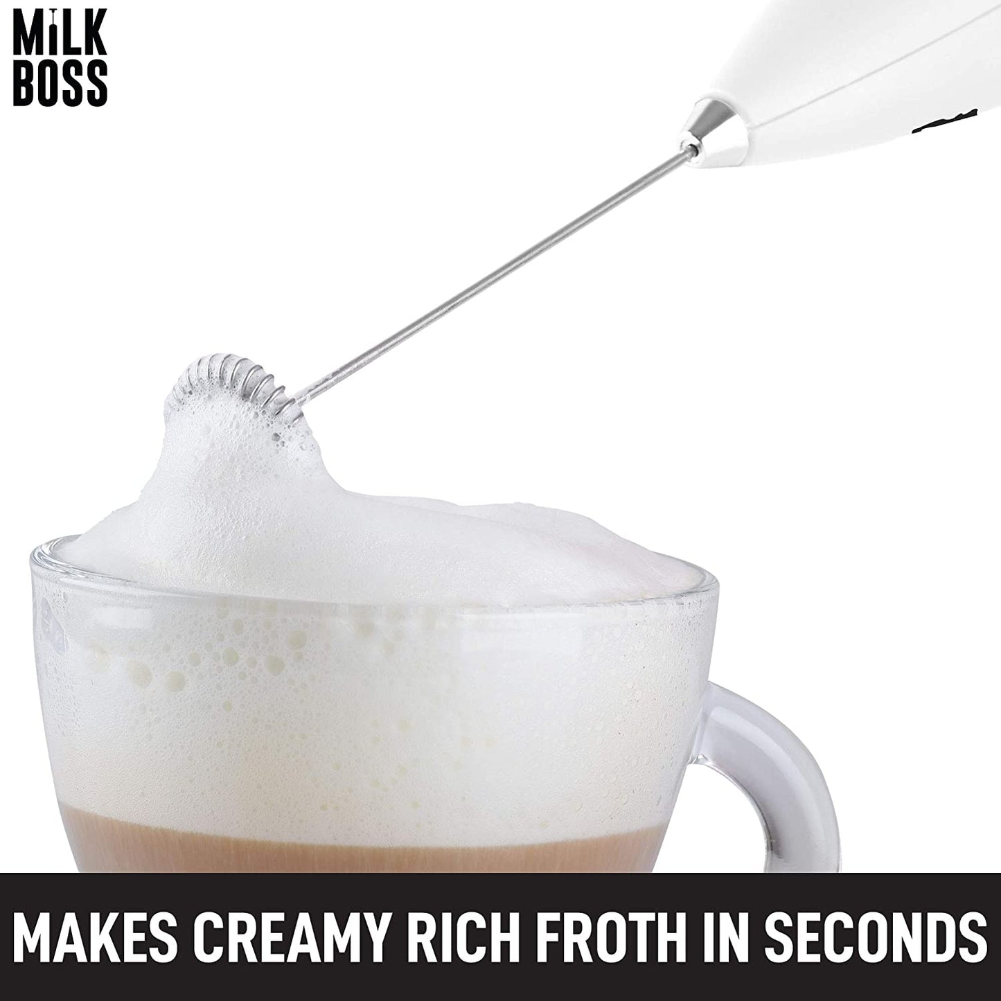 Milk Boss Matcha Whisk - Handheld Electric Stirrer - Frother Wand & Drink Mixer - Durable Stainless Steel - White Ultra Stand