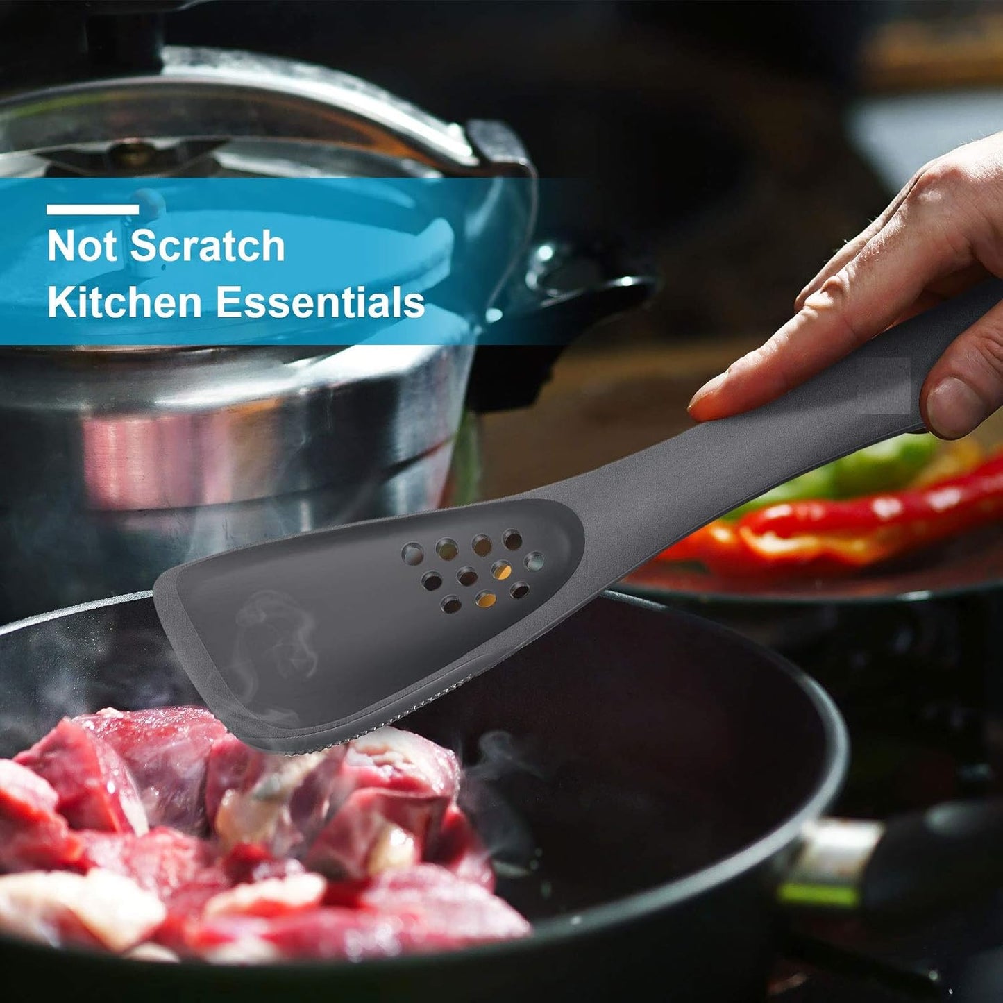 Patelai 2 Pieces 5-In-1Silicone Kitchen Utensil, Slotted Spoon, Turner, Cutting Tool, Solid Spoon and Spatula in One, Grey for Kitchen Serving Stirring Cooking Baking