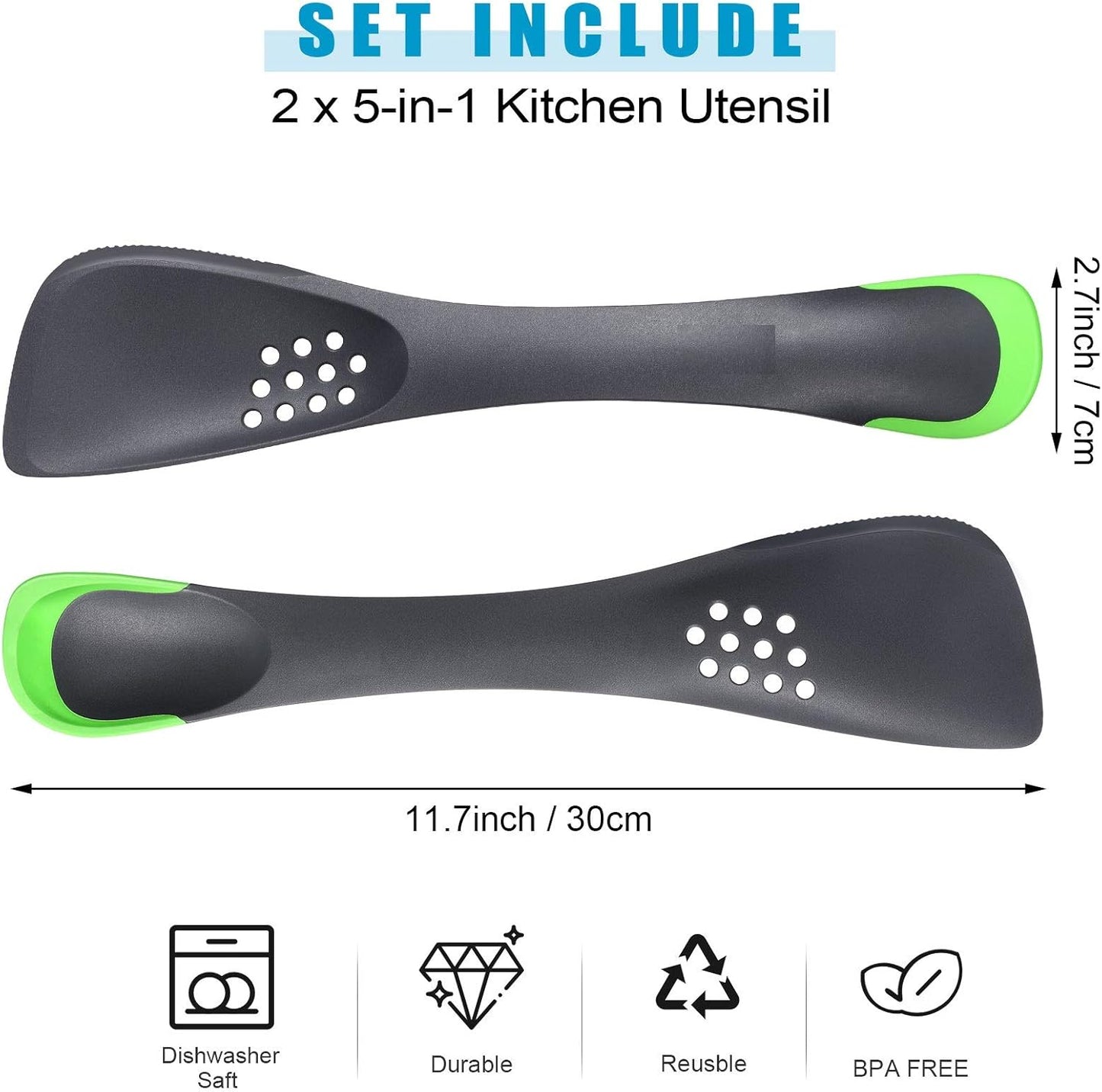 Patelai 2 Pieces 5-In-1Silicone Kitchen Utensil, Slotted Spoon, Turner, Cutting Tool, Solid Spoon and Spatula in One, Grey for Kitchen Serving Stirring Cooking Baking