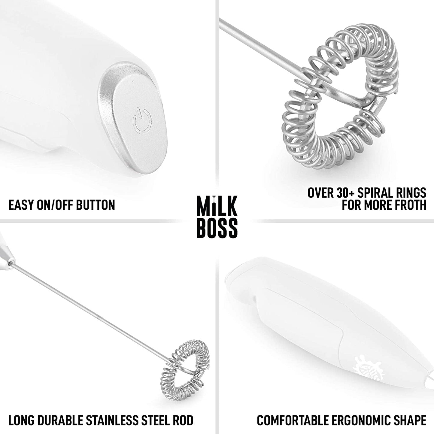 Milk Boss Matcha Whisk - Handheld Electric Stirrer - Frother Wand & Drink Mixer - Durable Stainless Steel - White Ultra Stand