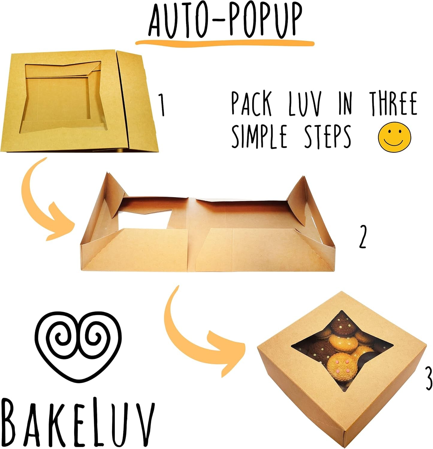 BAKELUV 25 Pcs Brown Bakery Boxes with Window 6X6X2.5 Inches Cookie Boxes, Pastry, Treats, Dessert, Small Cake, Brownie, Cupcakes, Chocolate Covered Strawberries | Auto-Popup |
