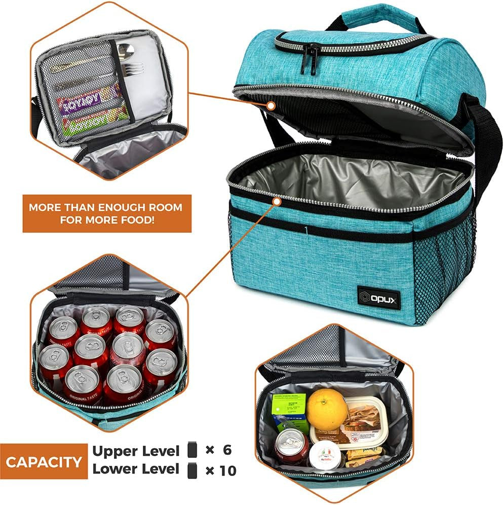 OPUX Lunch Box for Men Women, Insulated Large Lunch Bag Adult Work, Double Decker Lunchbox Meal Prep Dual Compartment Leakproof Lunch Cooler,Soft Lunch Tote Boys Girls Kids School, Aqua Turquoise 12L