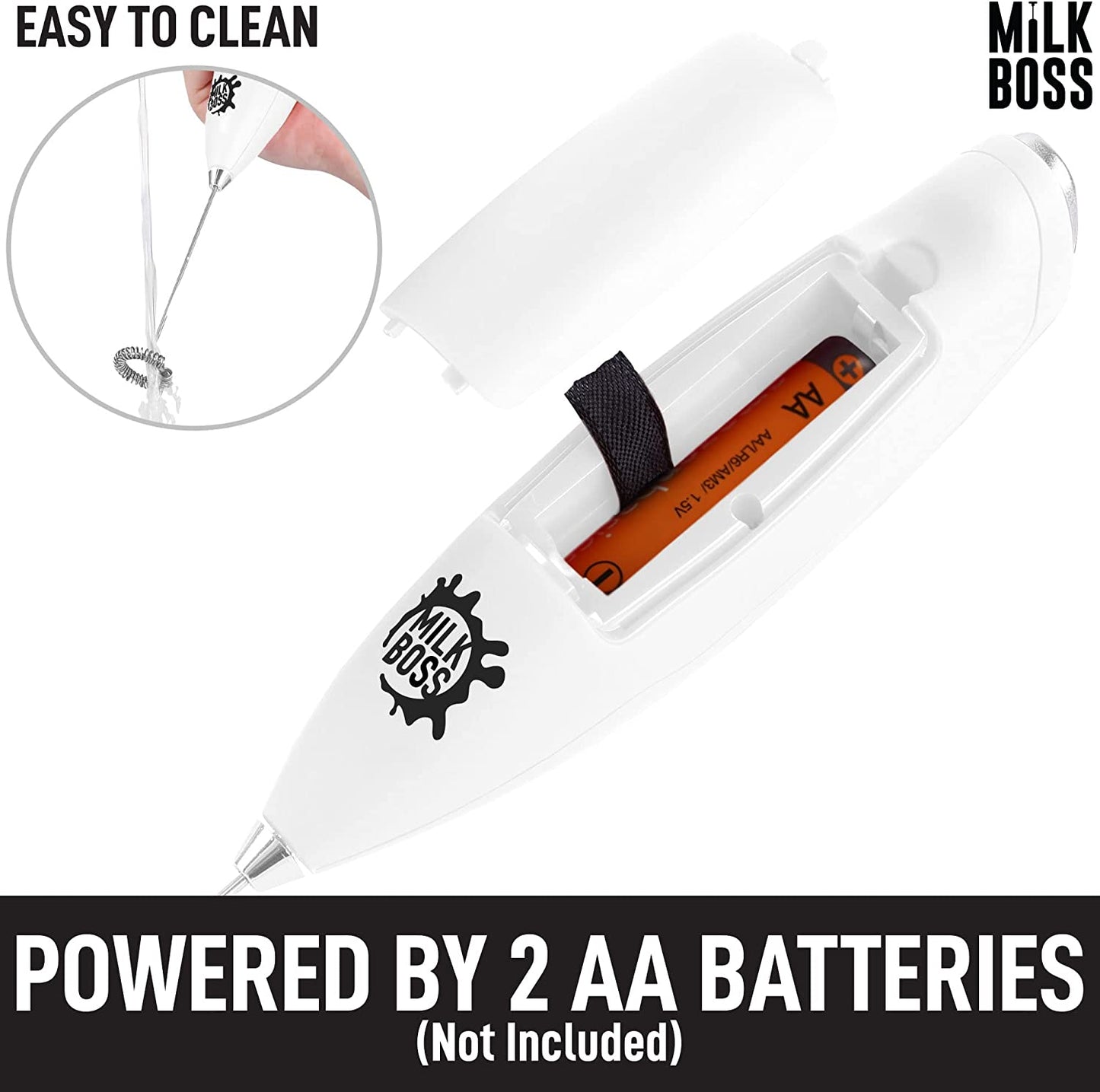 Milk Boss Matcha Whisk - Handheld Electric Stirrer - Frother Wand & Drink Mixer - Durable Stainless Steel - White Ultra Stand
