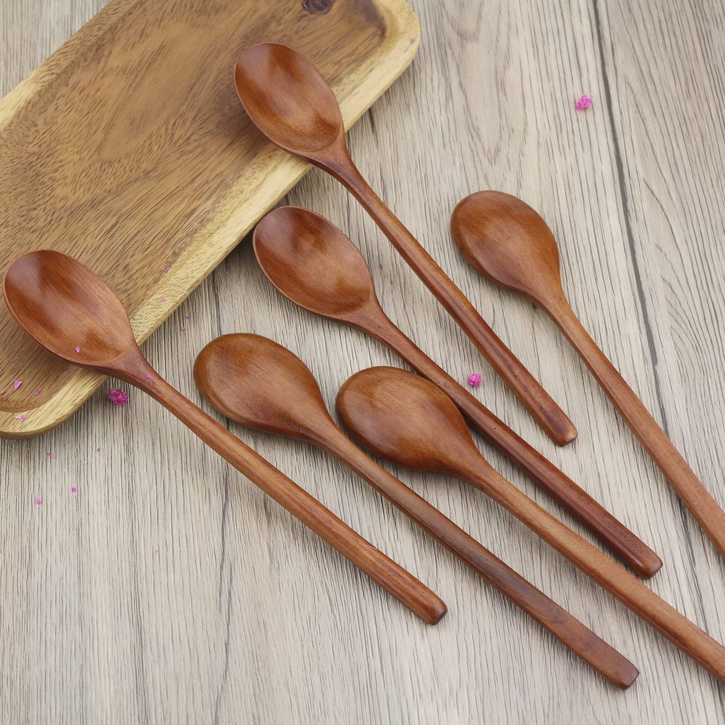 Wooden Spoons, 6 Pieces 9 Inch Wood Soup Spoons for Eating Mixing Stirring, Long Handle Spoon with Japanese Style Kitchen Utensil, Eco Friendly Table Spoon