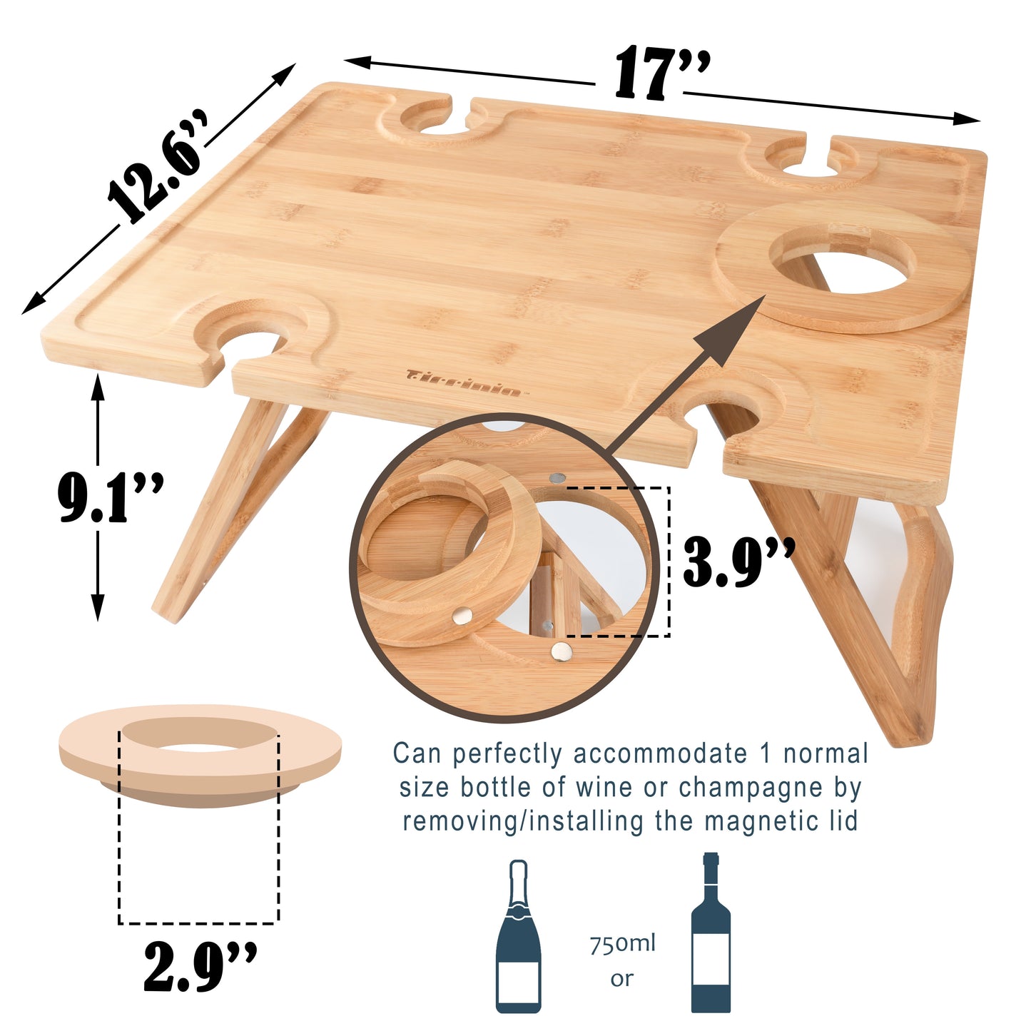 Outdoor Wine Picnic Folding Portable Bamboo Table 17" X 12.6", Camping with Glasses & Bottle Holder for Concerts at Park Beach