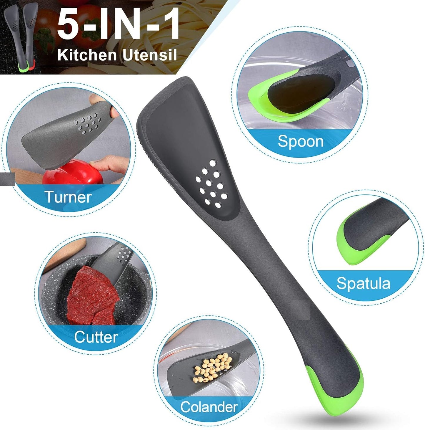 Patelai 2 Pieces 5-In-1Silicone Kitchen Utensil, Slotted Spoon, Turner, Cutting Tool, Solid Spoon and Spatula in One, Grey for Kitchen Serving Stirring Cooking Baking