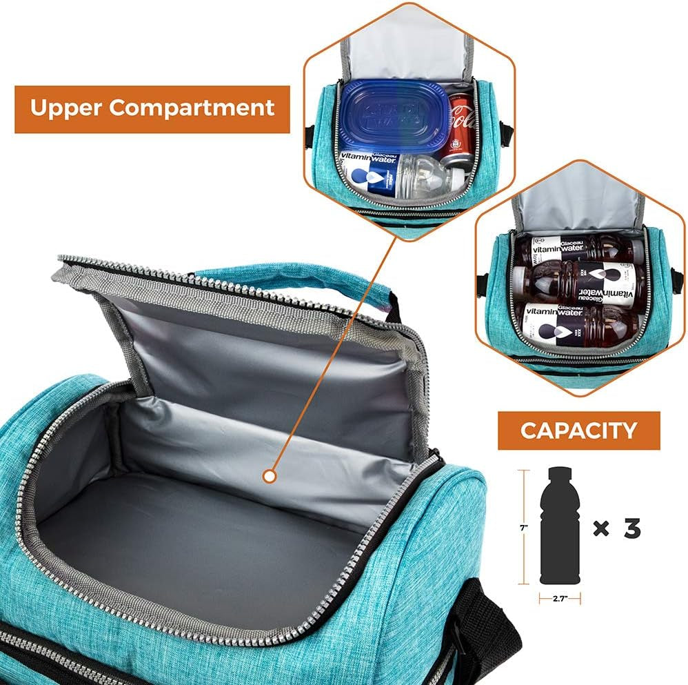 OPUX Lunch Box for Men Women, Insulated Large Lunch Bag Adult Work, Double Decker Lunchbox Meal Prep Dual Compartment Leakproof Lunch Cooler,Soft Lunch Tote Boys Girls Kids School, Aqua Turquoise 12L