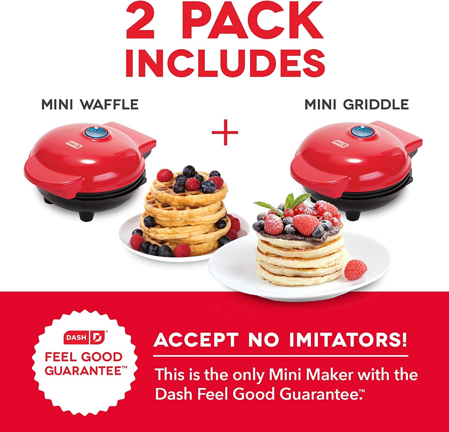 DASH Mini Maker Waffle Maker + Griddle, 2-Pack Griddle + Waffle Iron - Red