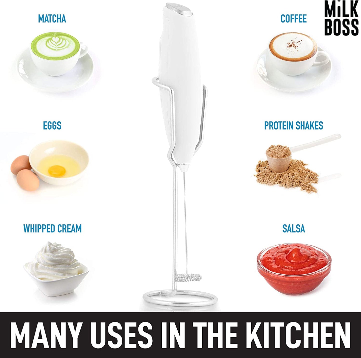 Milk Boss Matcha Whisk - Handheld Electric Stirrer - Frother Wand & Drink Mixer - Durable Stainless Steel - White Ultra Stand