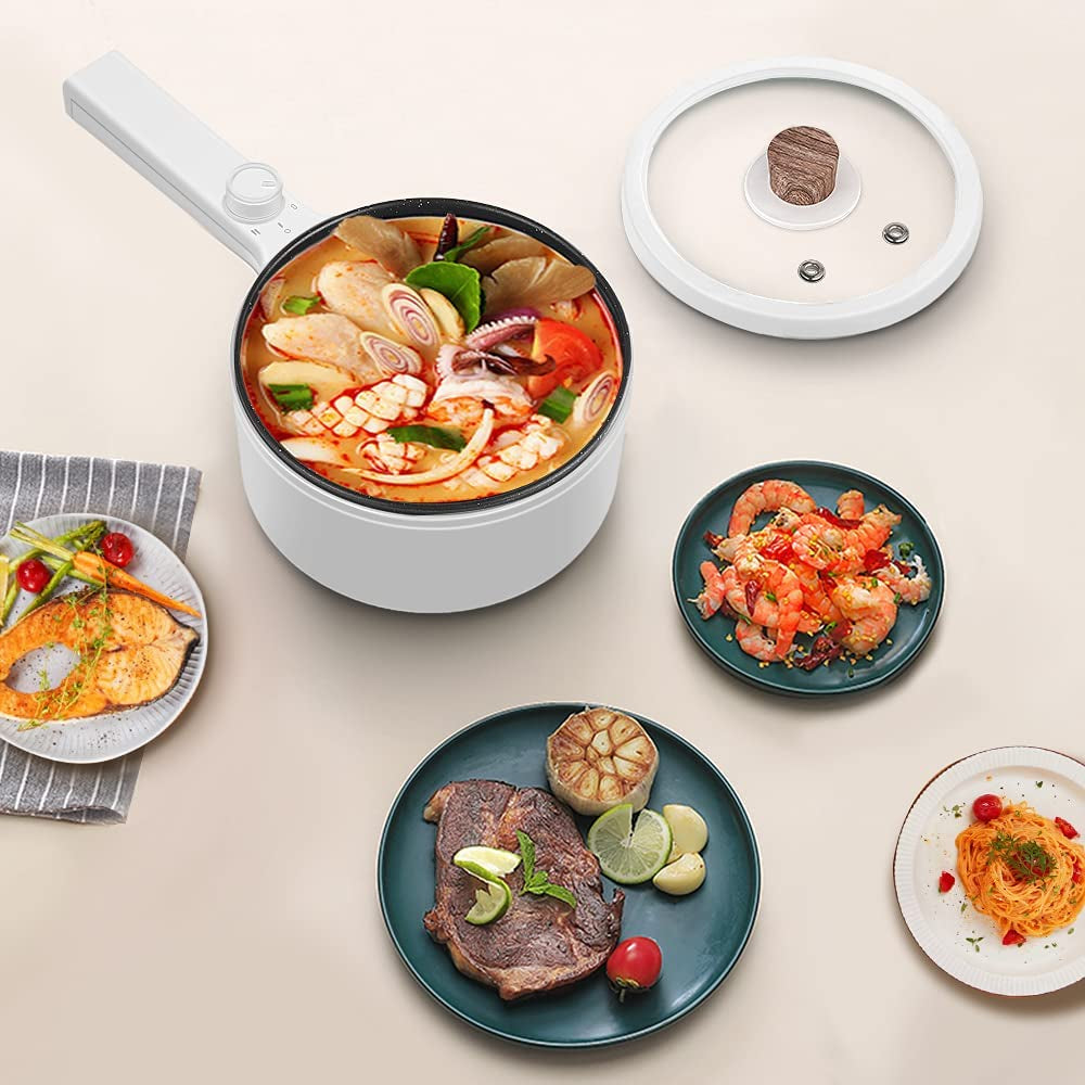 Hytric Electric Hot Pot, 1.5L Portable Nonstick Frying Pan for Sauté, Multifunction Electric Skillet for Stir Fry, Roast, Ramen Cooker with Dual Power Control for Dorm, Electric Saucepan, White