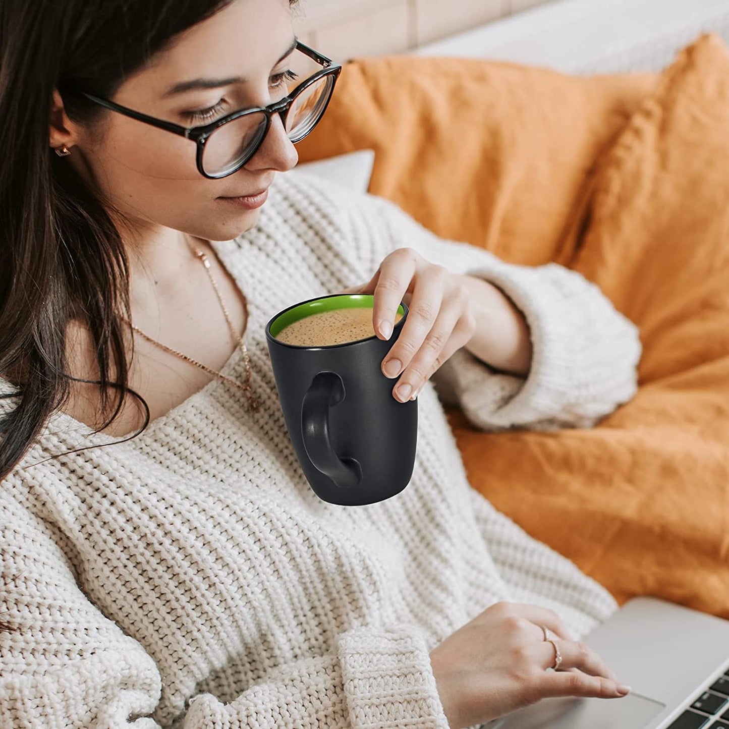 Lifecapido Ceramic Coffee Mug, 1 Pack Large Coffee Mug, 16Oz Restaurant Coffee Mug with Handle, Black Porcelain Mug for Office and Home, Large Ceramic Coffee Cup for Coffee Tea Cocoa Juice, Green