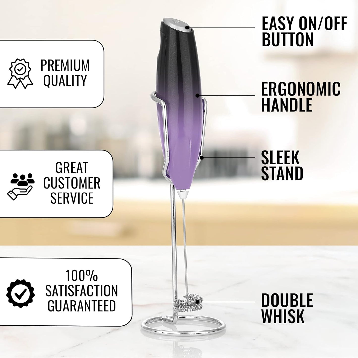 Double Whisk Milk Frother for Coffee with Upgraded Holster Stand - Coffee Frother Handheld - Electric Handheld Foam Maker - Hand Mixer for Latte, Matcha - Electric Whisk (Galaxy)
