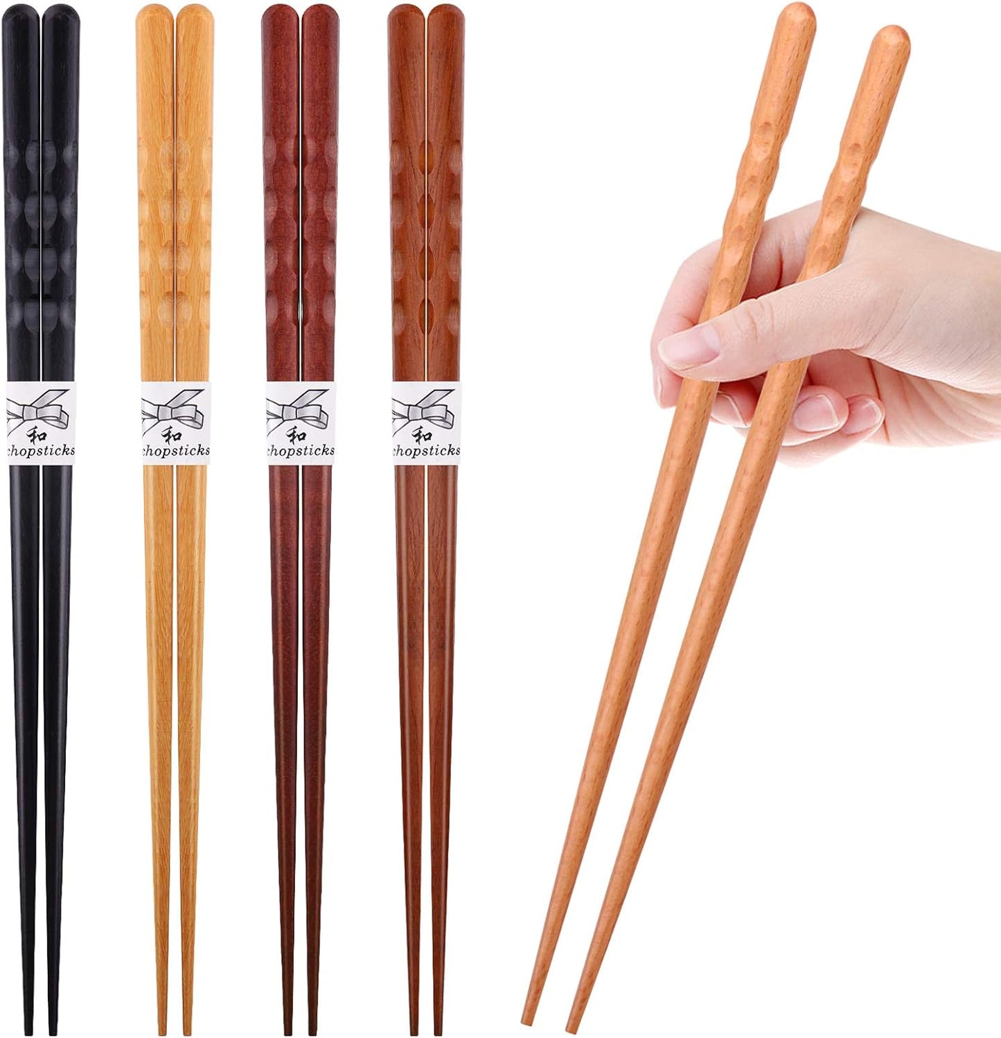 Reusable Chopsticks Japanese Natural Wooden 5 Pairs Classic Style Lightweight Hand-Carved Safe Chop Sticks 8.8 Inch/22.5Cm Gift Set