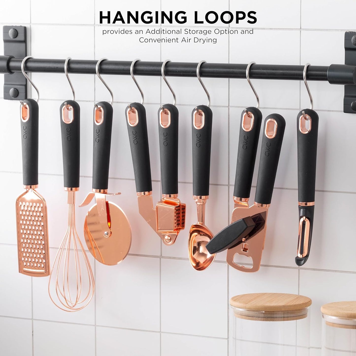 COOK with COLOR Kitchen Gadget Set Copper Plated Stainless Steel Utensils with Soft Touch Handles, Copper Black, 7 Pieces