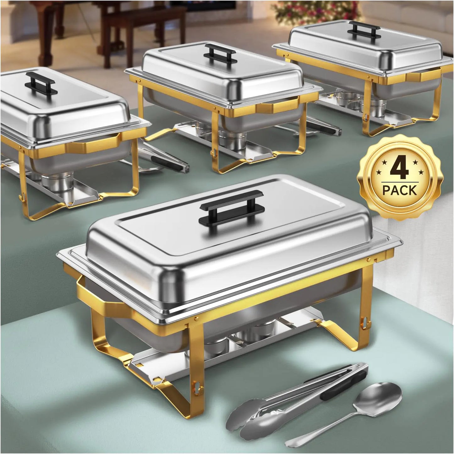 KScocina Chafing Dish Buffet Set 4 Pack 9.5QT Chafing Dish High Grade Stainless Steel Chafer Complete Set Gray Handle Kitchen and Dining Utensils (Golden 4)