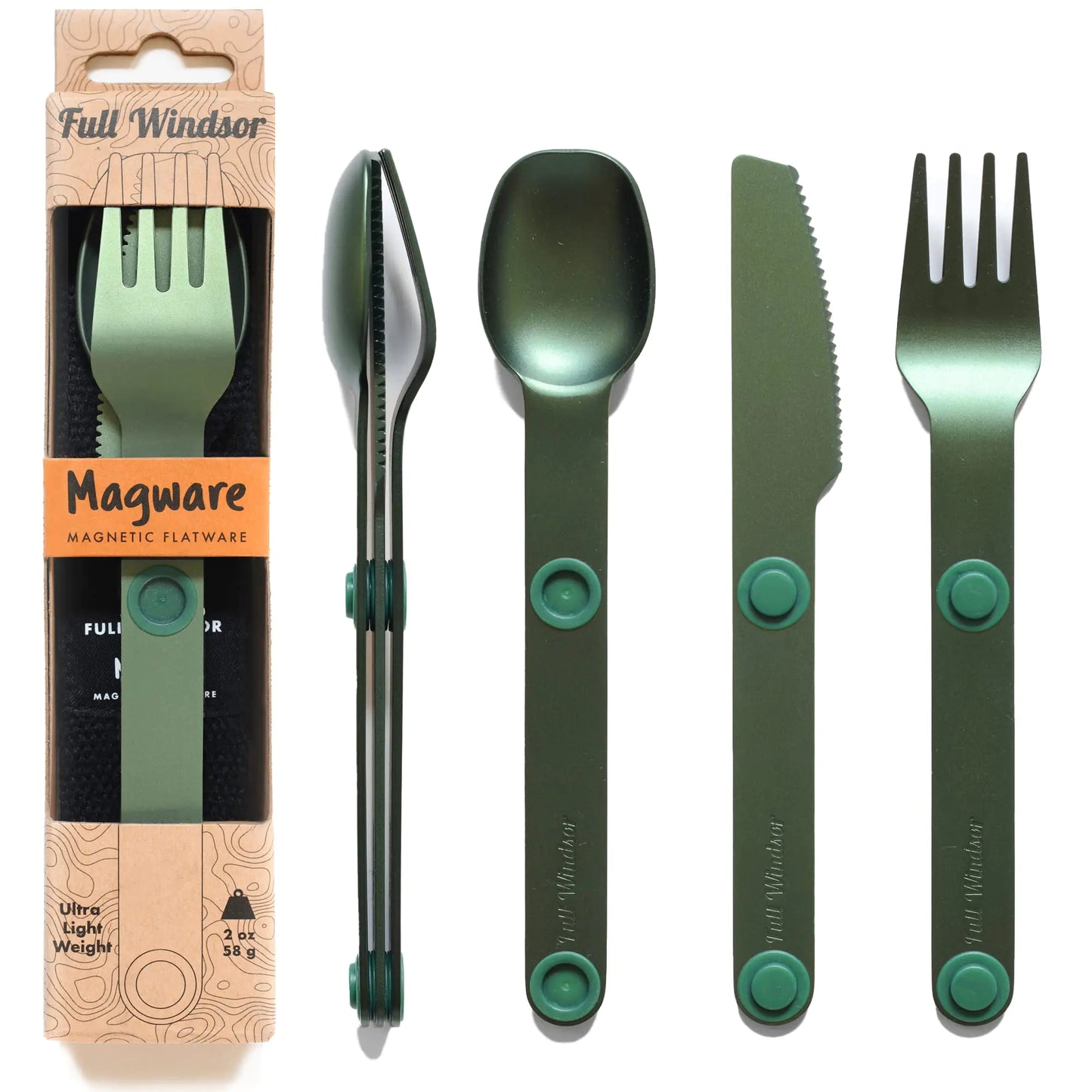 FULL WINDSOR - MAGWARE Magnetic Stainless Steel Kitchen Utensils Set - Travel Utensils for Camping Cooking and Outdoor Dining - Knife Fork & Spoon - Compact Camping Cutlery - Green (3 PCS)