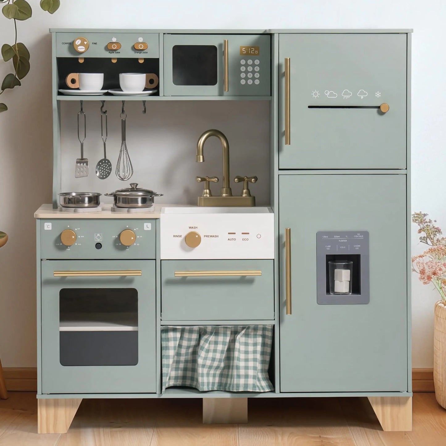 ROBUD Wooden Play Kitchen for Kids Toddlers Corner Wooden Play Kitchen with Fridge Ice Maker Coffee Maker Juicer Oven Dishwasher Microwave Utensils Gift for Ages 3+