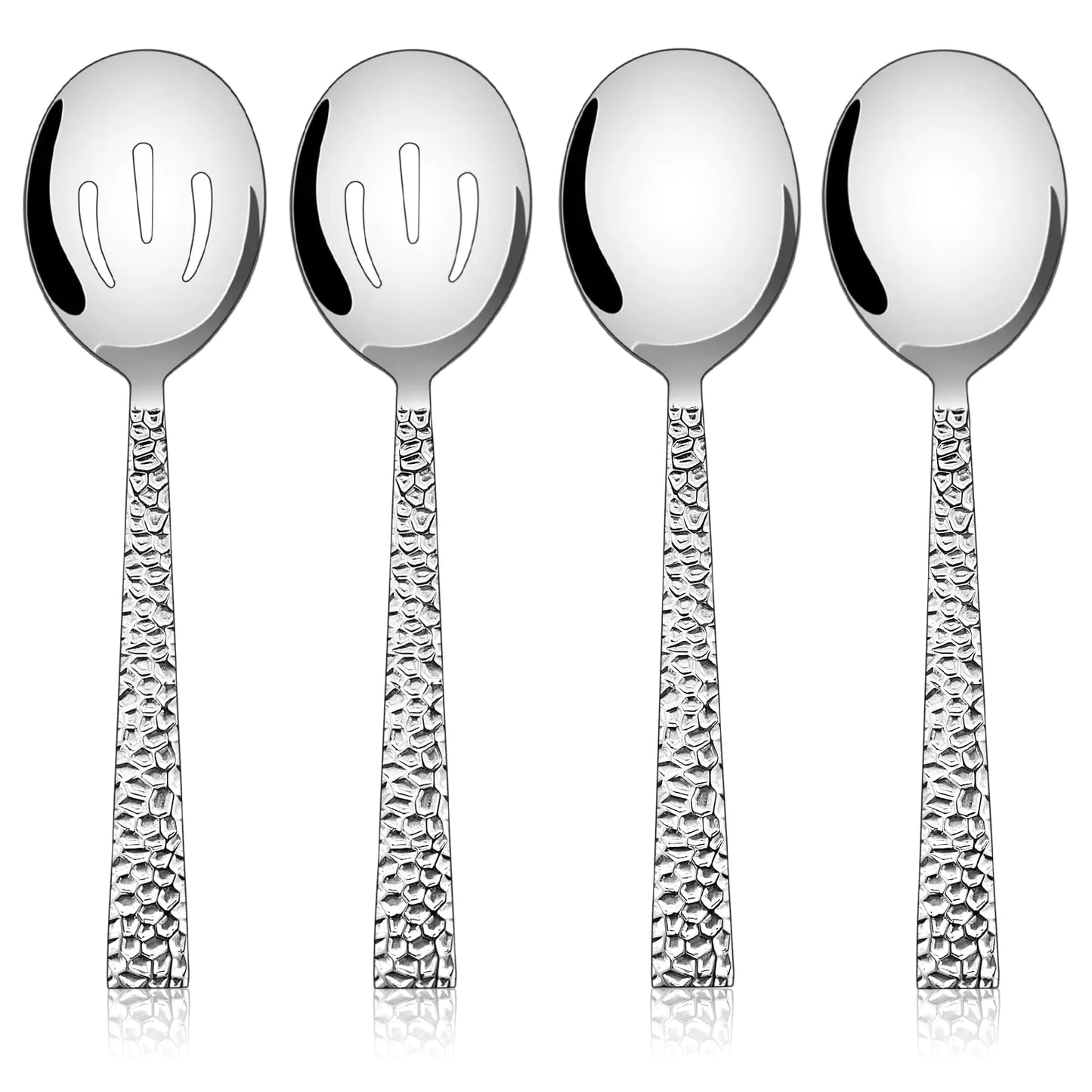 E-far Hammered Serving Spoons 4-Piece Stainless Steel Serving Utensils Set - Solid Spoons x 2 Slotted Spoons x 2 Metal Hostess Serving Tablespoons for Catering Buffet Party Kitchen Restaurant
