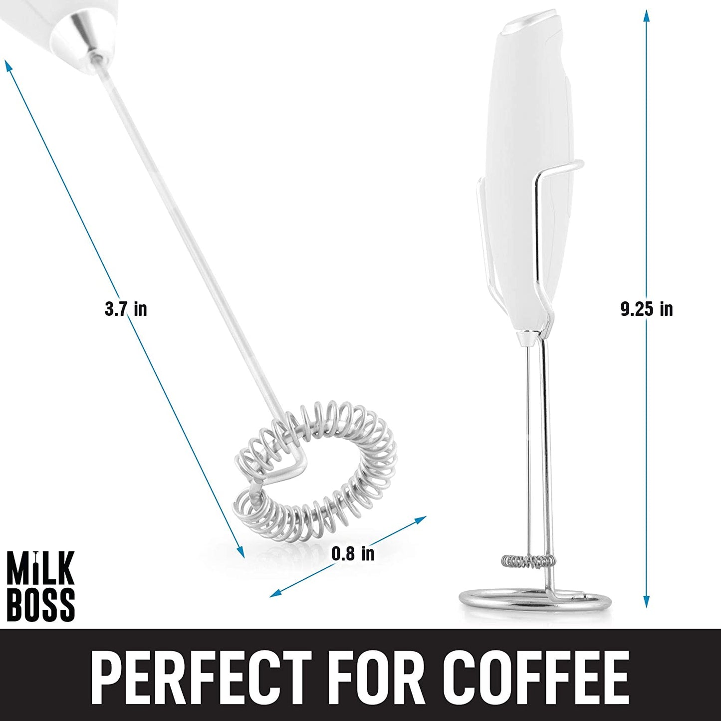 Milk Boss Matcha Whisk - Handheld Electric Stirrer - Frother Wand & Drink Mixer - Durable Stainless Steel - White Ultra Stand