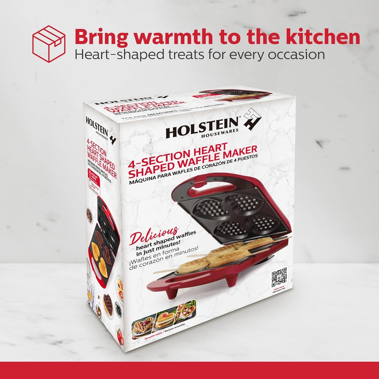 Holstein Housewares 4-Section Heart Shaped Waffle Maker, Non-Stick Waffle Iron, Mini Waffle Maker for Kids, Non-Toxic Coating, Easy to Clean, Makes 4 Heart-Shaped Waffles in Minutes, Red