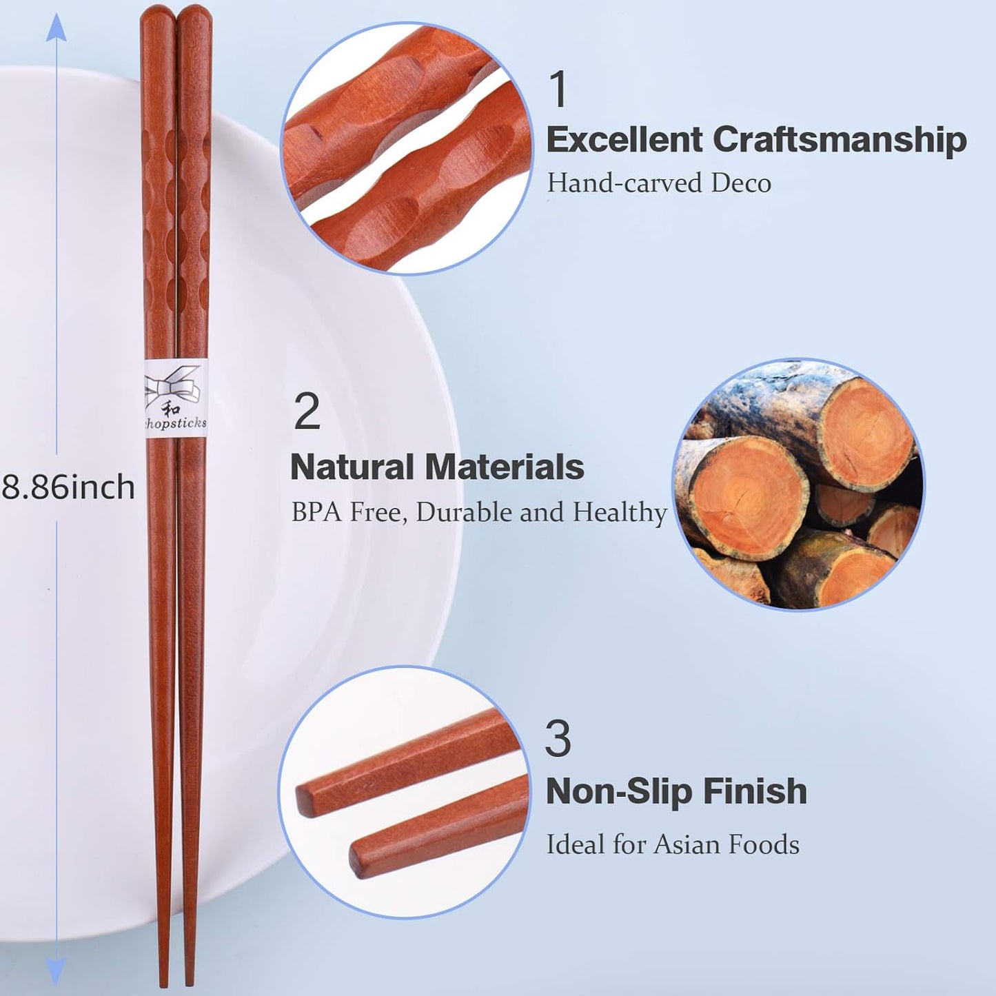Reusable Chopsticks Japanese Natural Wooden 5 Pairs Classic Style Lightweight Hand-Carved Safe Chop Sticks 8.8 Inch/22.5Cm Gift Set