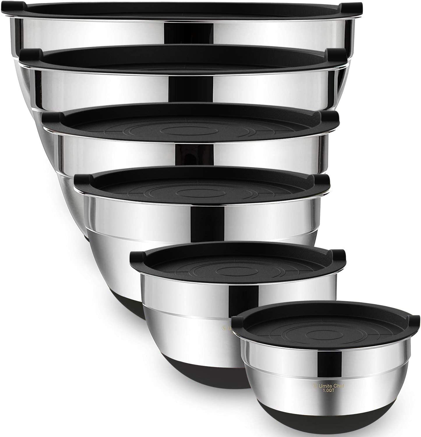 Umite Chef Mixing Bowls with Airtight Lids,6 Piece Stainless Steel Metal Nesting Storage Bowls, Non-Slip Bottoms Size 7, 3.5, 2.5, 2.0,1.5, 1QT, Great for Mixing & Serving(Black)